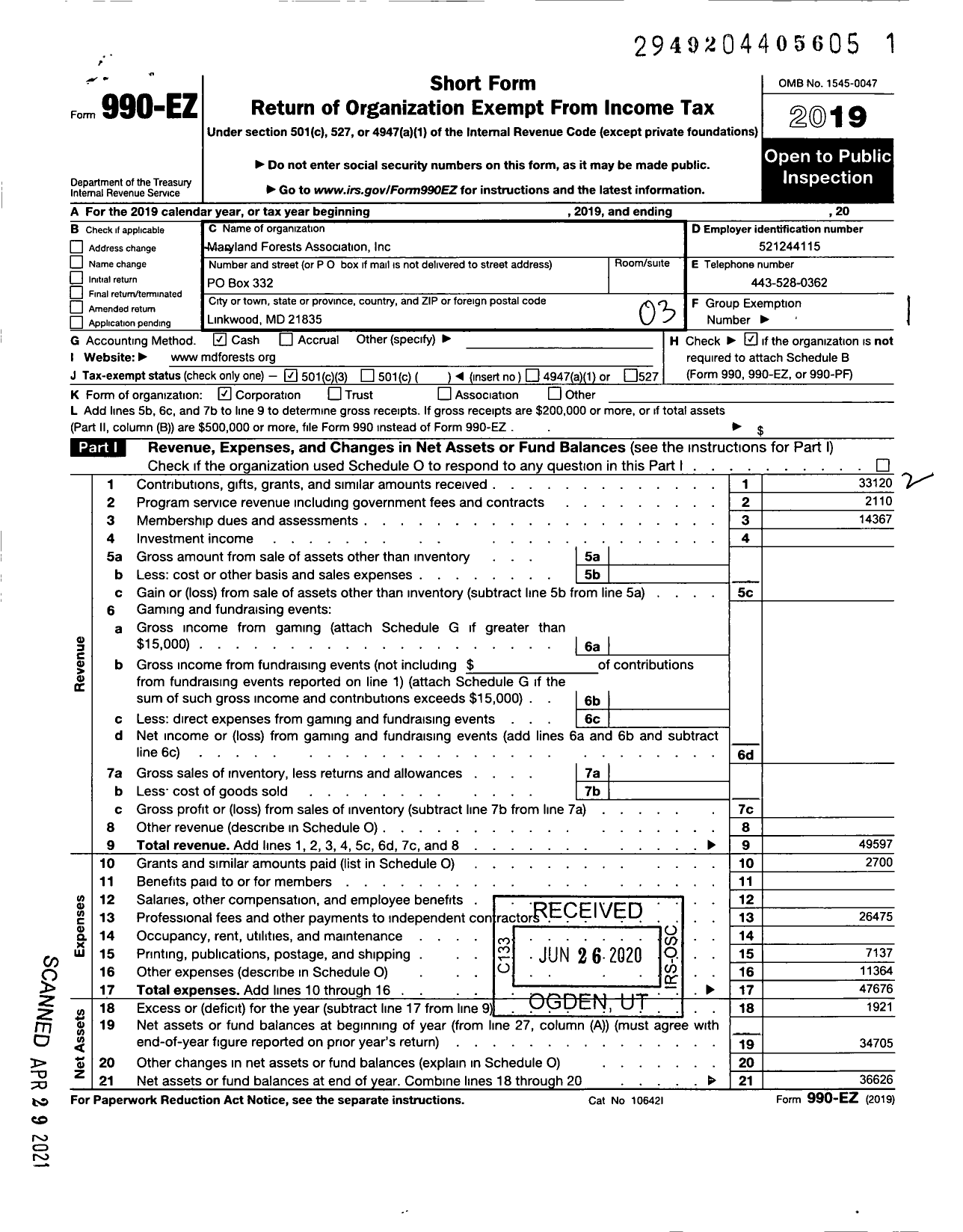 Image of first page of 2019 Form 990EZ for Maryland Forests Association