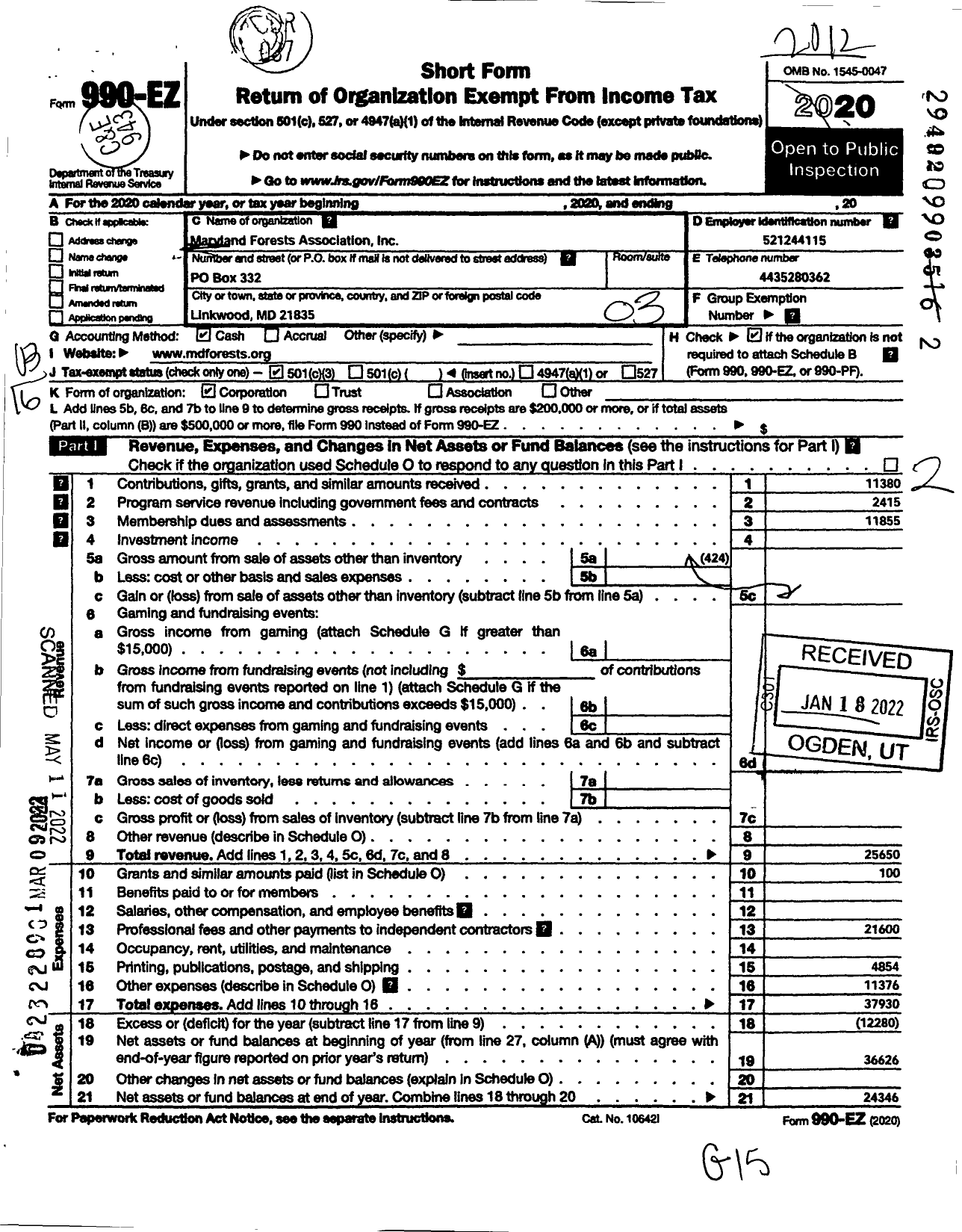 Image of first page of 2020 Form 990EZ for Maryland Forests Association