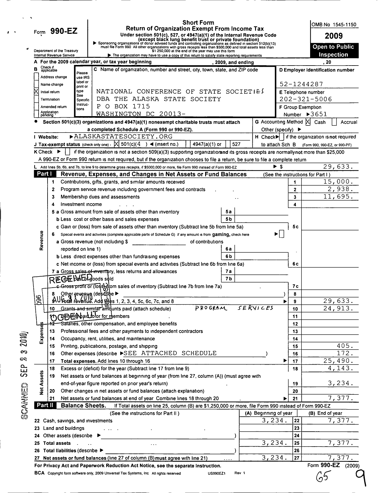 Image of first page of 2009 Form 990EO for National Confrence of State Societies Washington District of C / The Alaska State Society