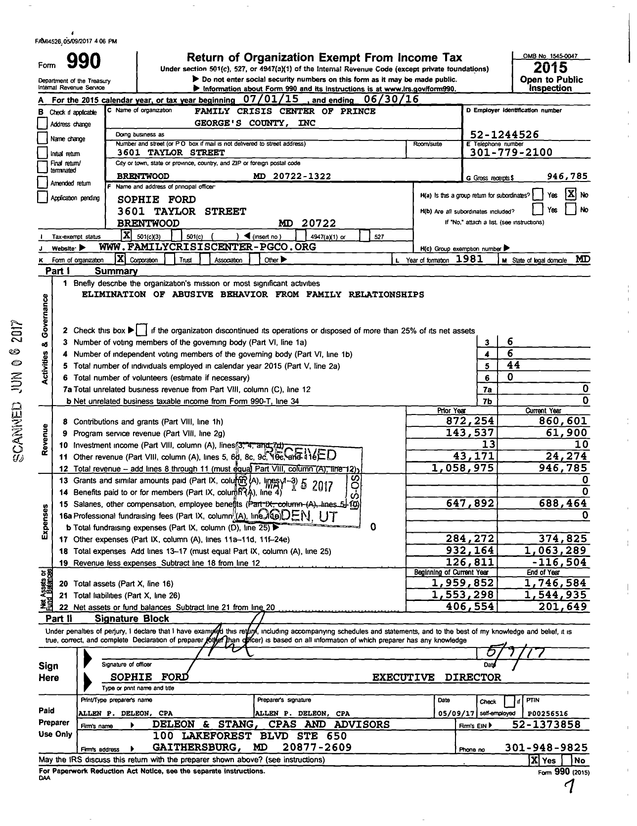Image of first page of 2015 Form 990 for Family Crisis Center of Prince George's County