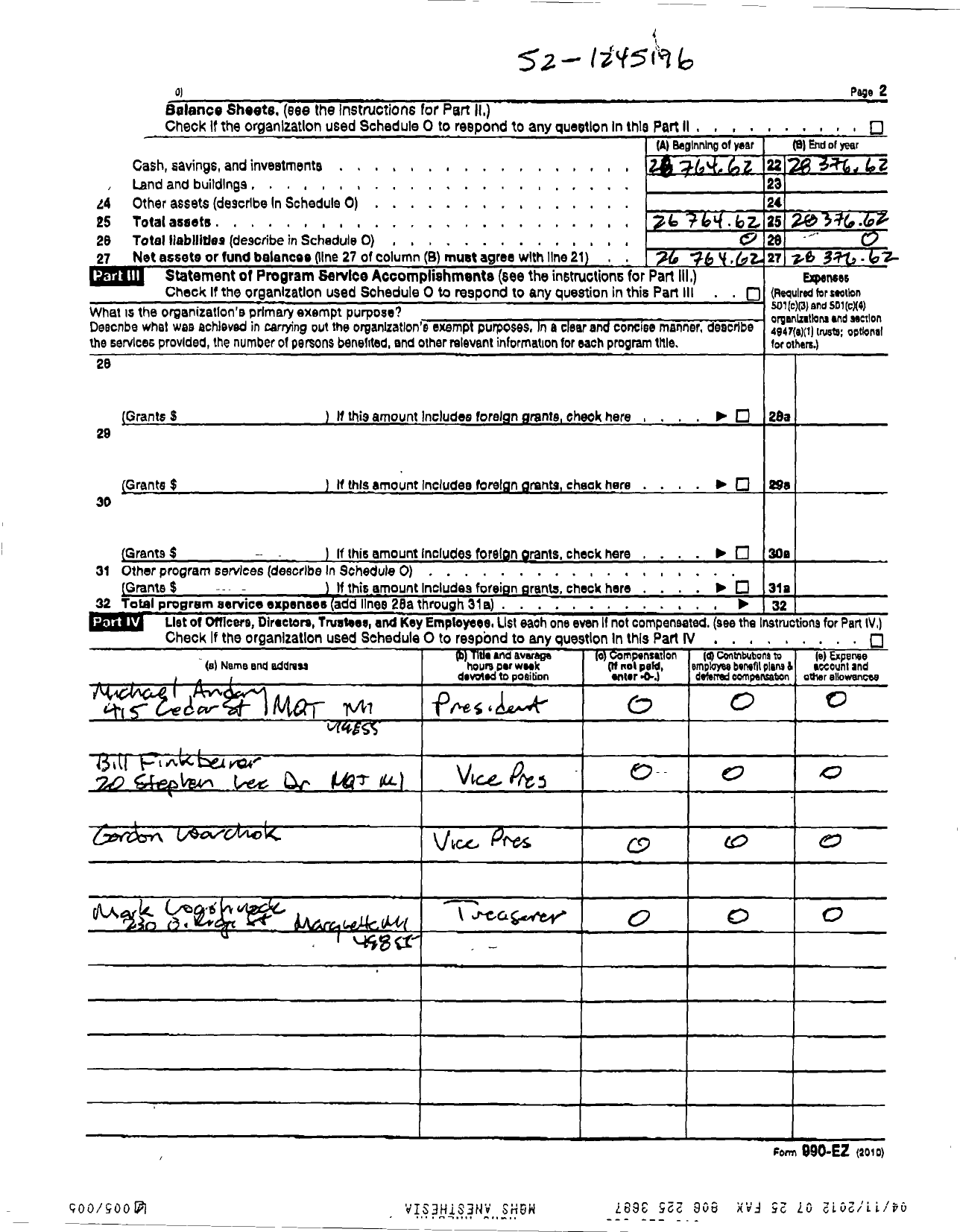 Image of first page of 2010 Form 990ER for Little League Baseball - 1221108 Marquette American LL