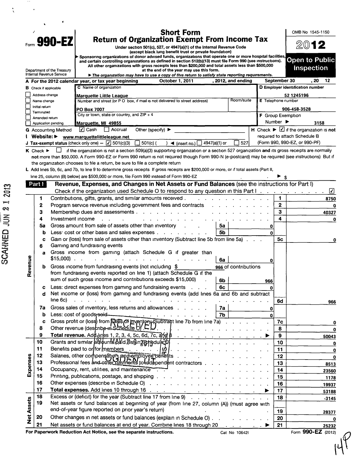 Image of first page of 2011 Form 990EZ for Little League Baseball - 1221108 Marquette American LL