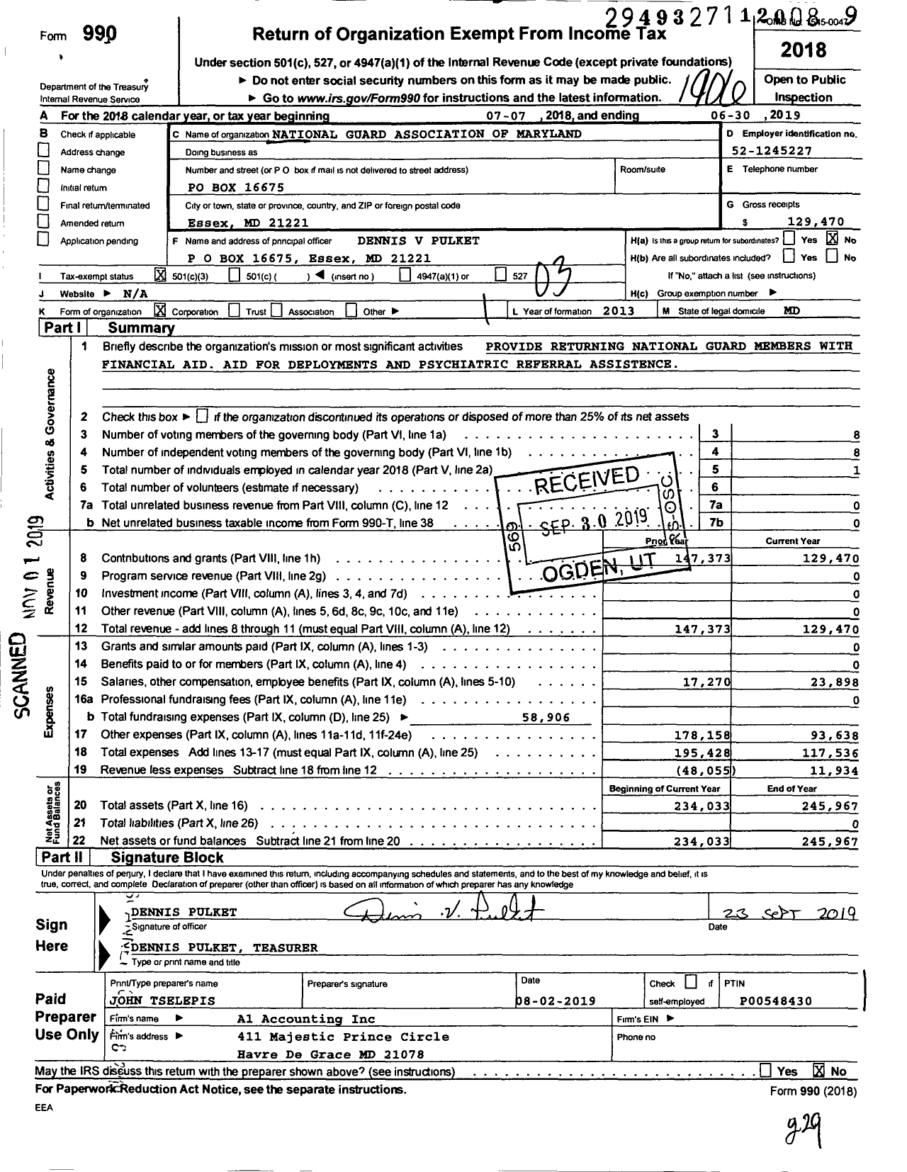 Image of first page of 2018 Form 990 for National Guard Association of Maryland