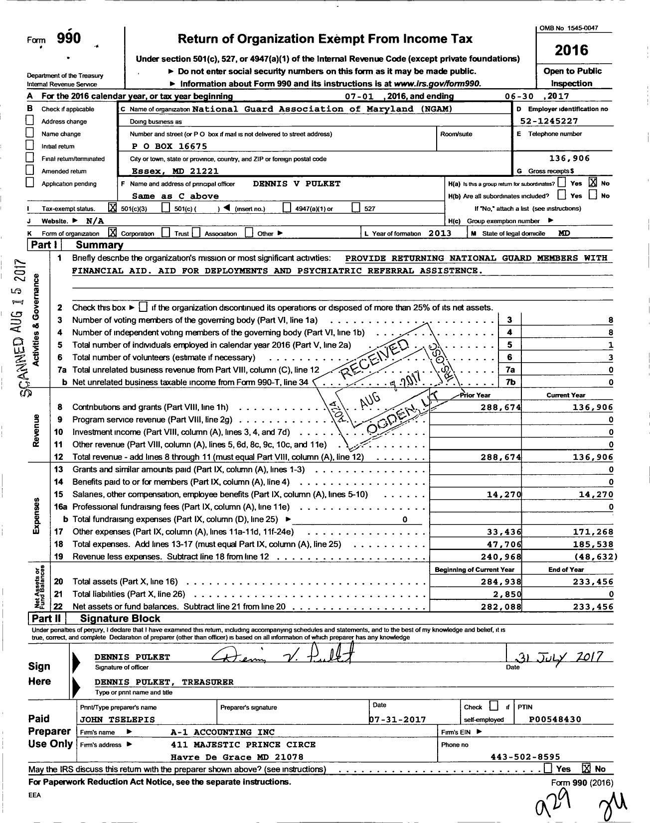 Image of first page of 2016 Form 990 for National Guard Association of Maryland