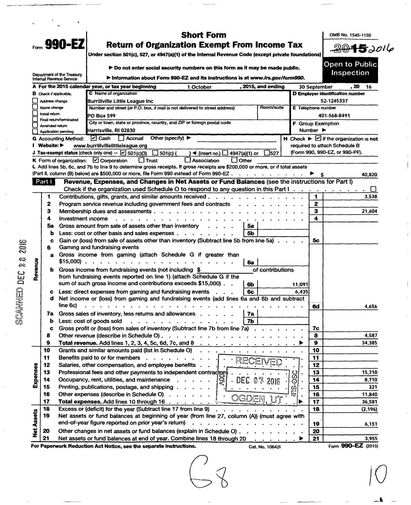 Image of first page of 2015 Form 990EZ for Little League Baseball - 2390403 Burrillville LL