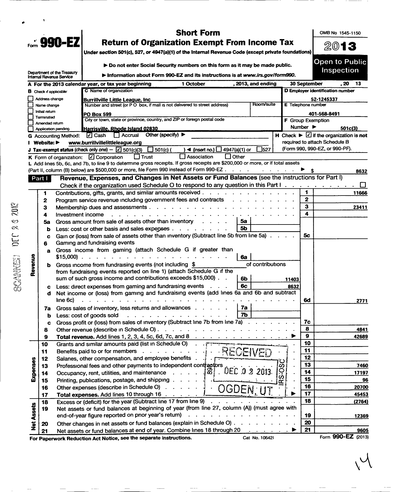 Image of first page of 2012 Form 990EZ for Little League Baseball - 2390403 Burrillville LL