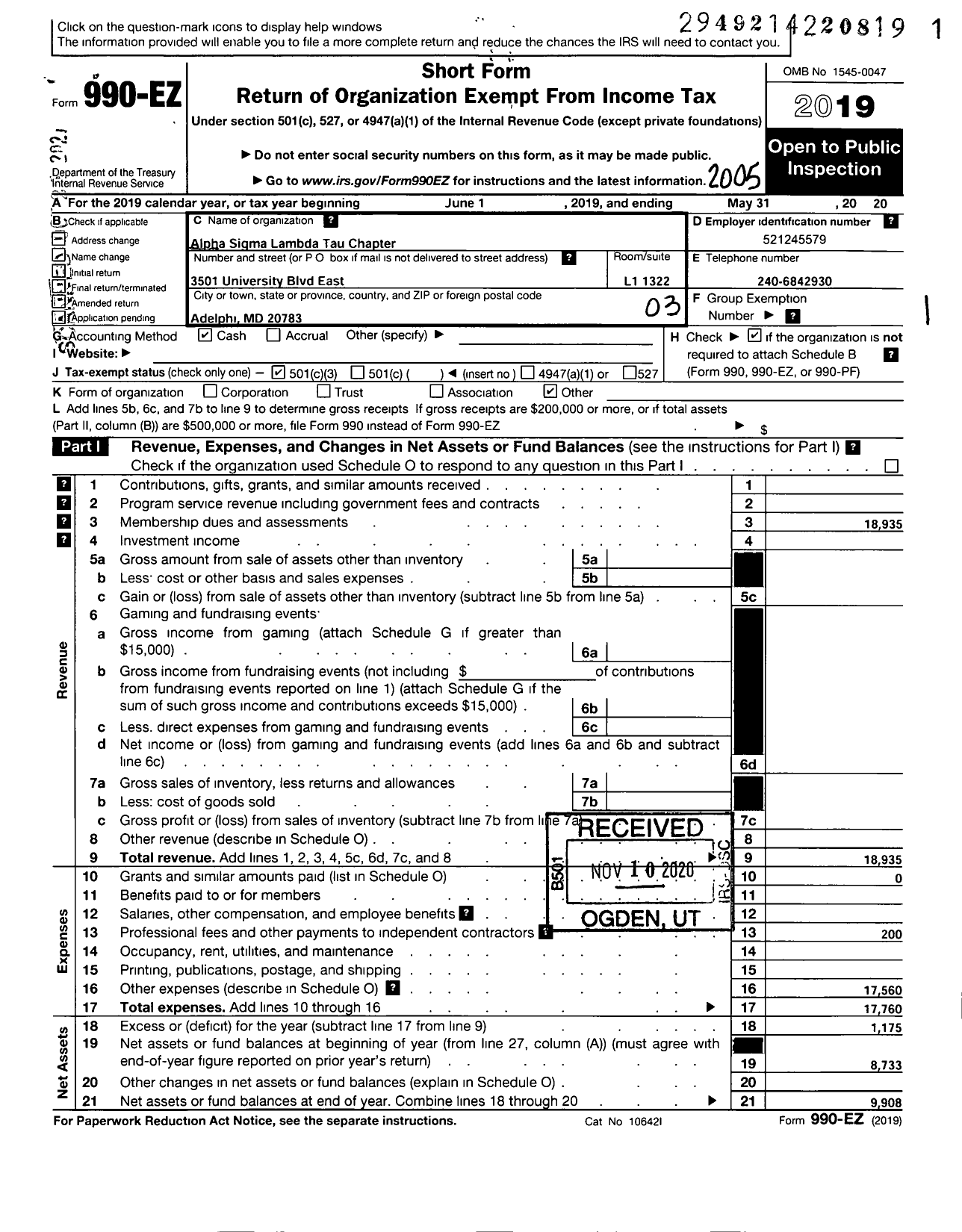 Image of first page of 2019 Form 990EZ for Alpha Sigma Lambda Tau Chapter