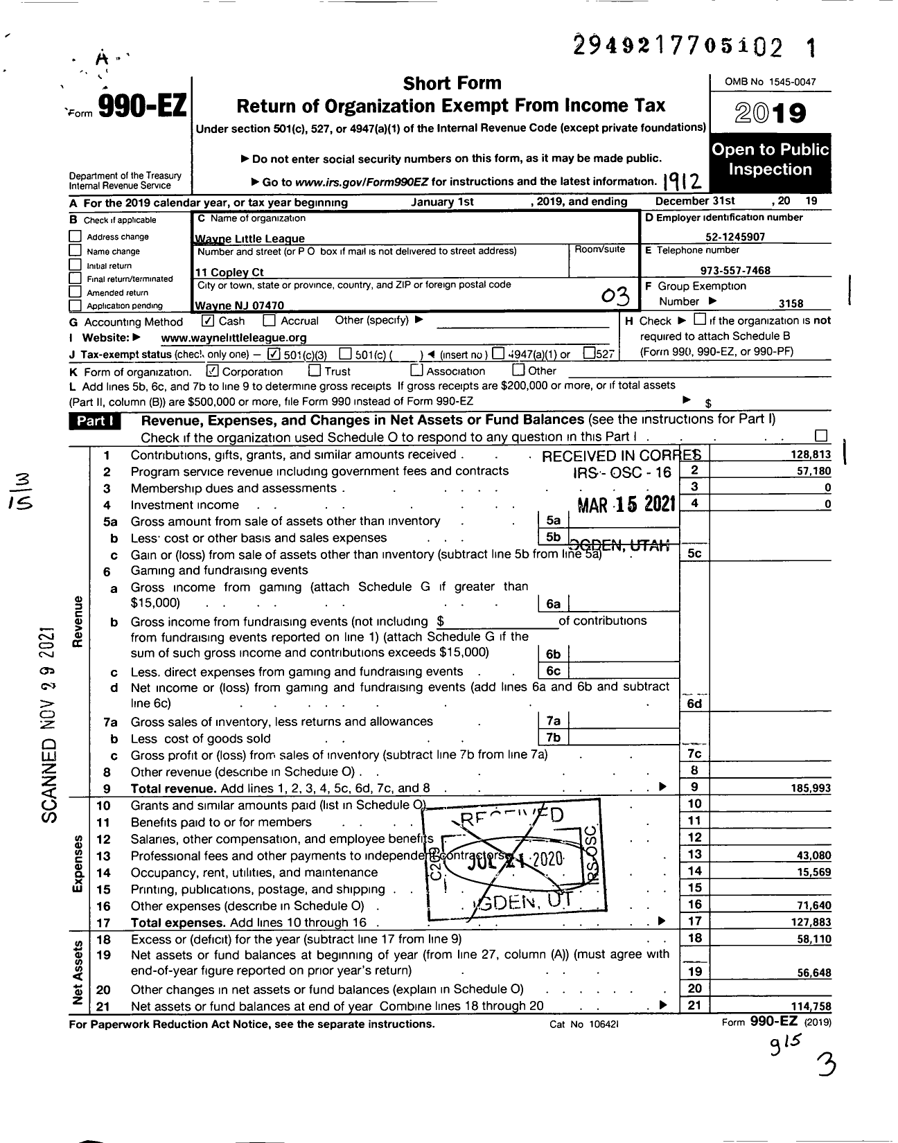 Image of first page of 2019 Form 990EZ for Little League Baseball - Wayne Little League