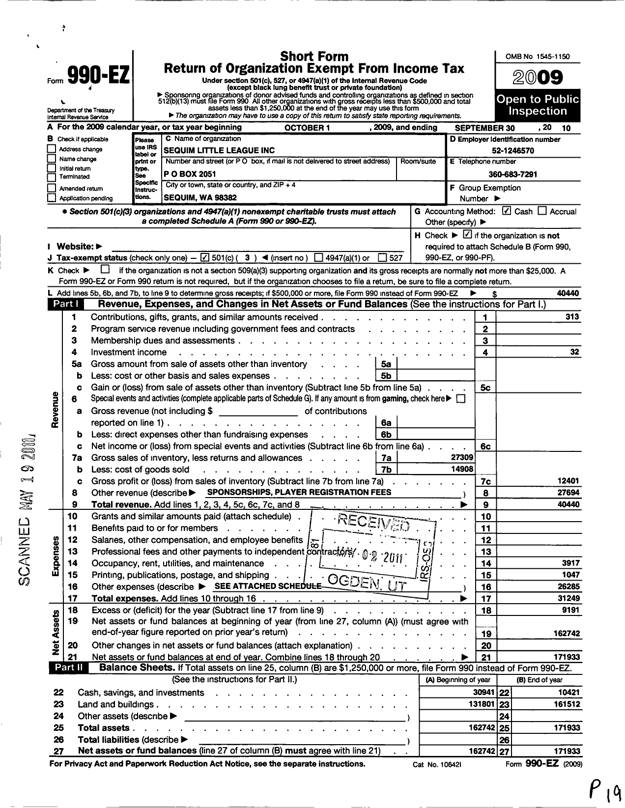 Image of first page of 2009 Form 990EZ for Little League Baseball - 4470206 Sequim LL