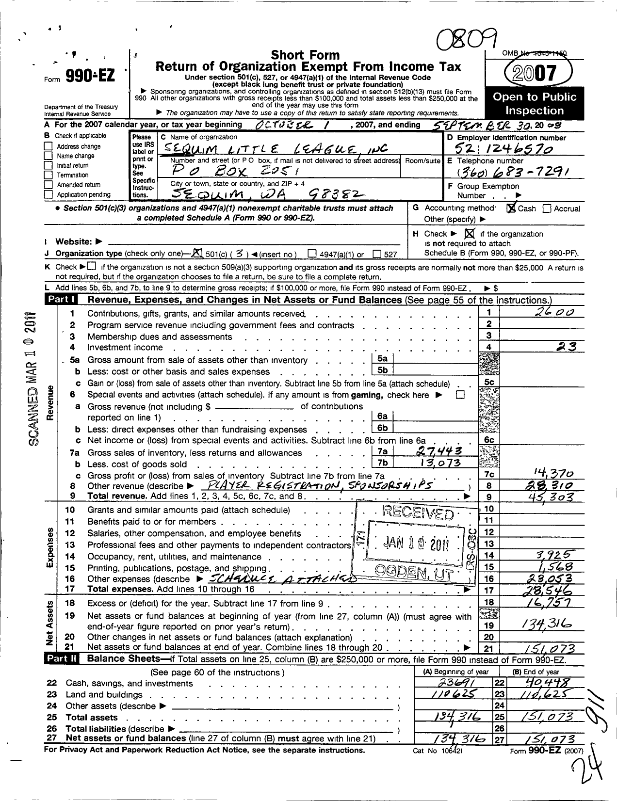 Image of first page of 2007 Form 990EZ for Little League Baseball - 4470206 Sequim LL