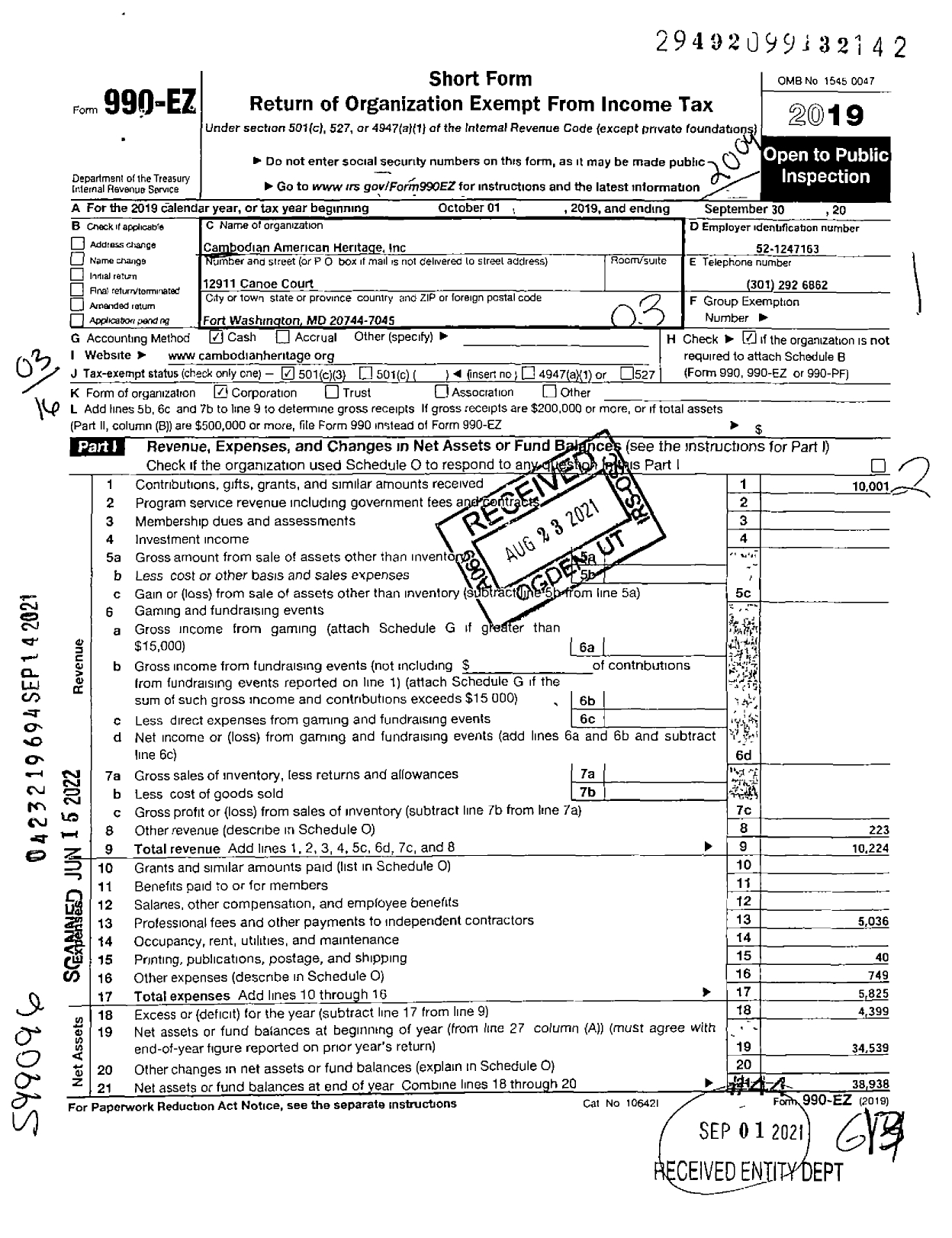 Image of first page of 2019 Form 990EZ for Cambodian-American Heritage