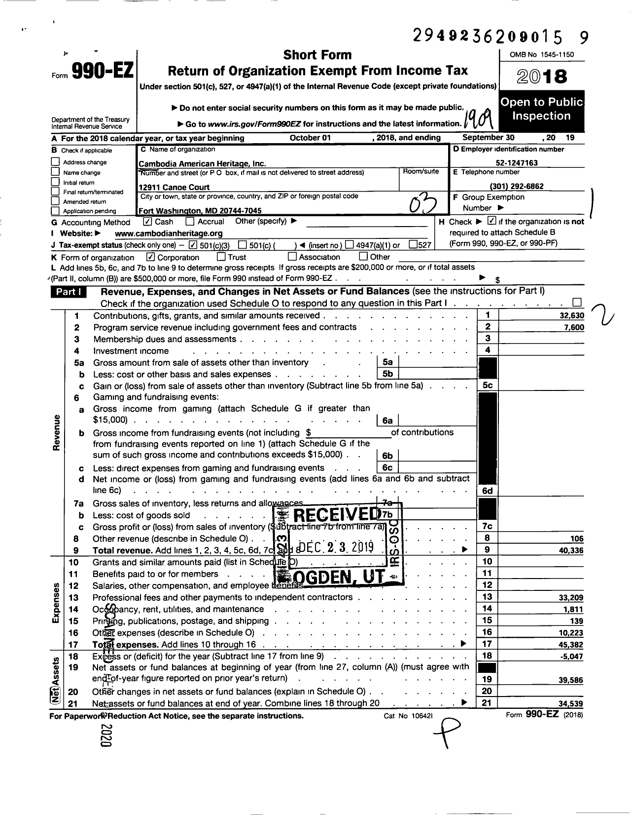 Image of first page of 2018 Form 990EZ for Cambodian-American Heritage