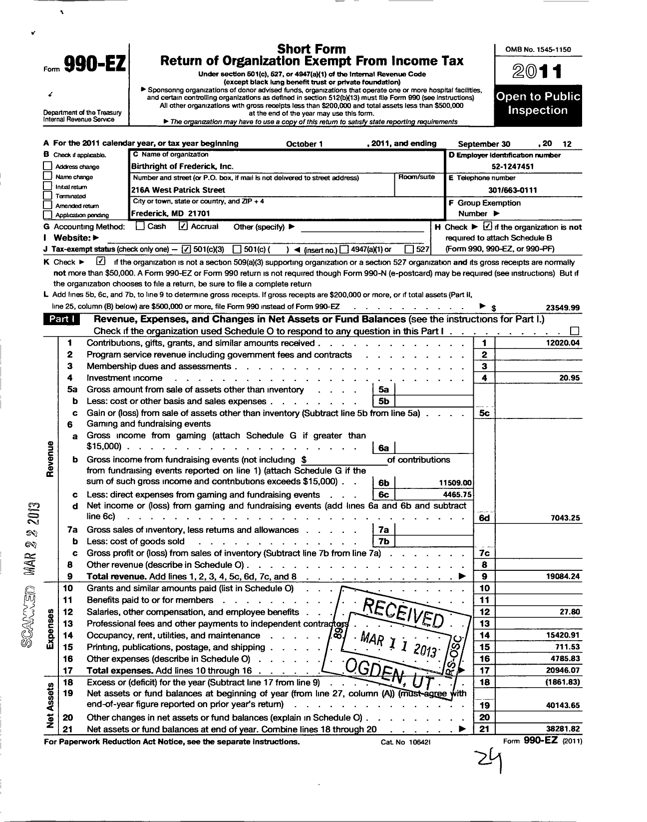 Image of first page of 2011 Form 990EZ for Birthright of Frederick