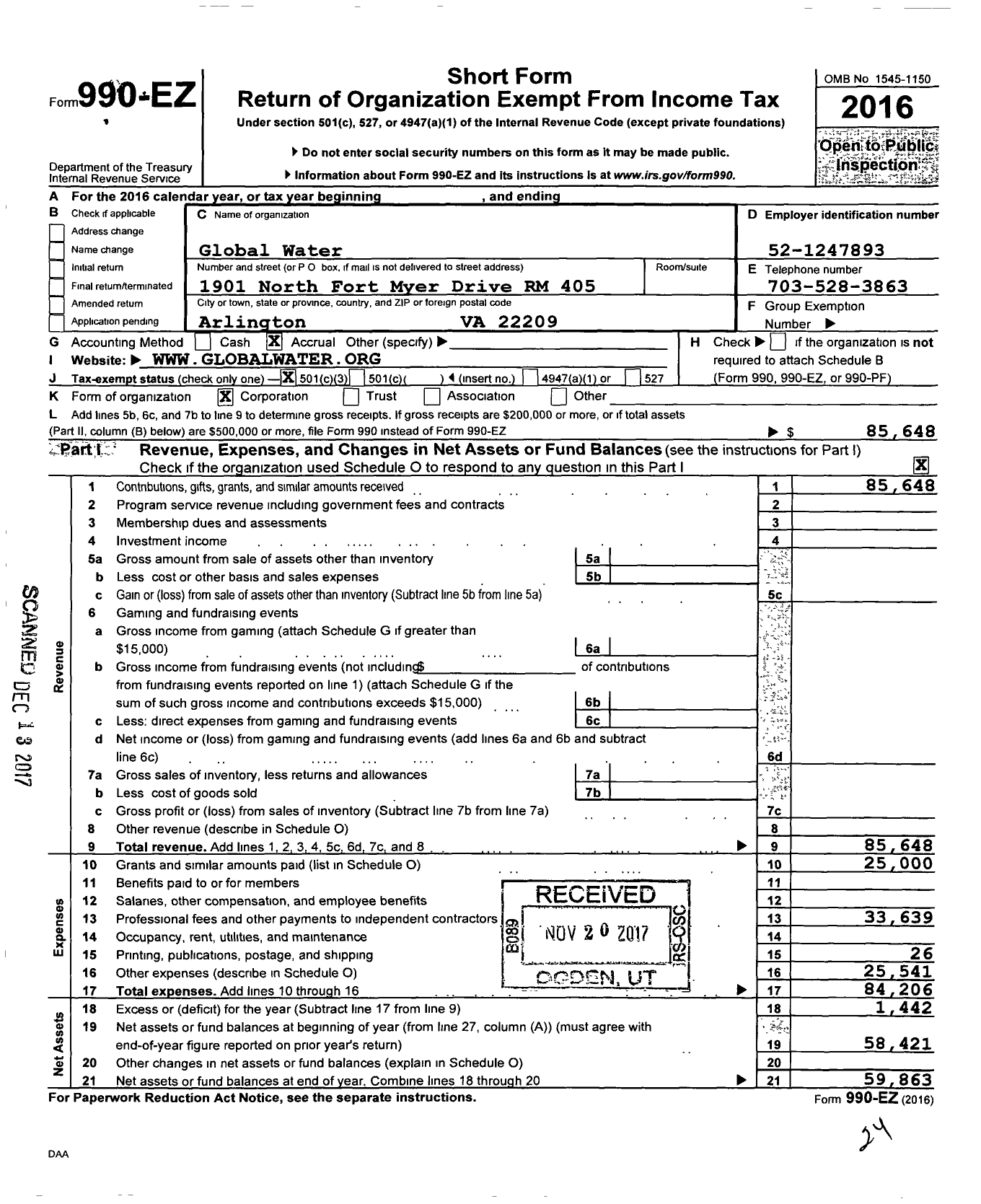 Image of first page of 2016 Form 990EZ for Global Water