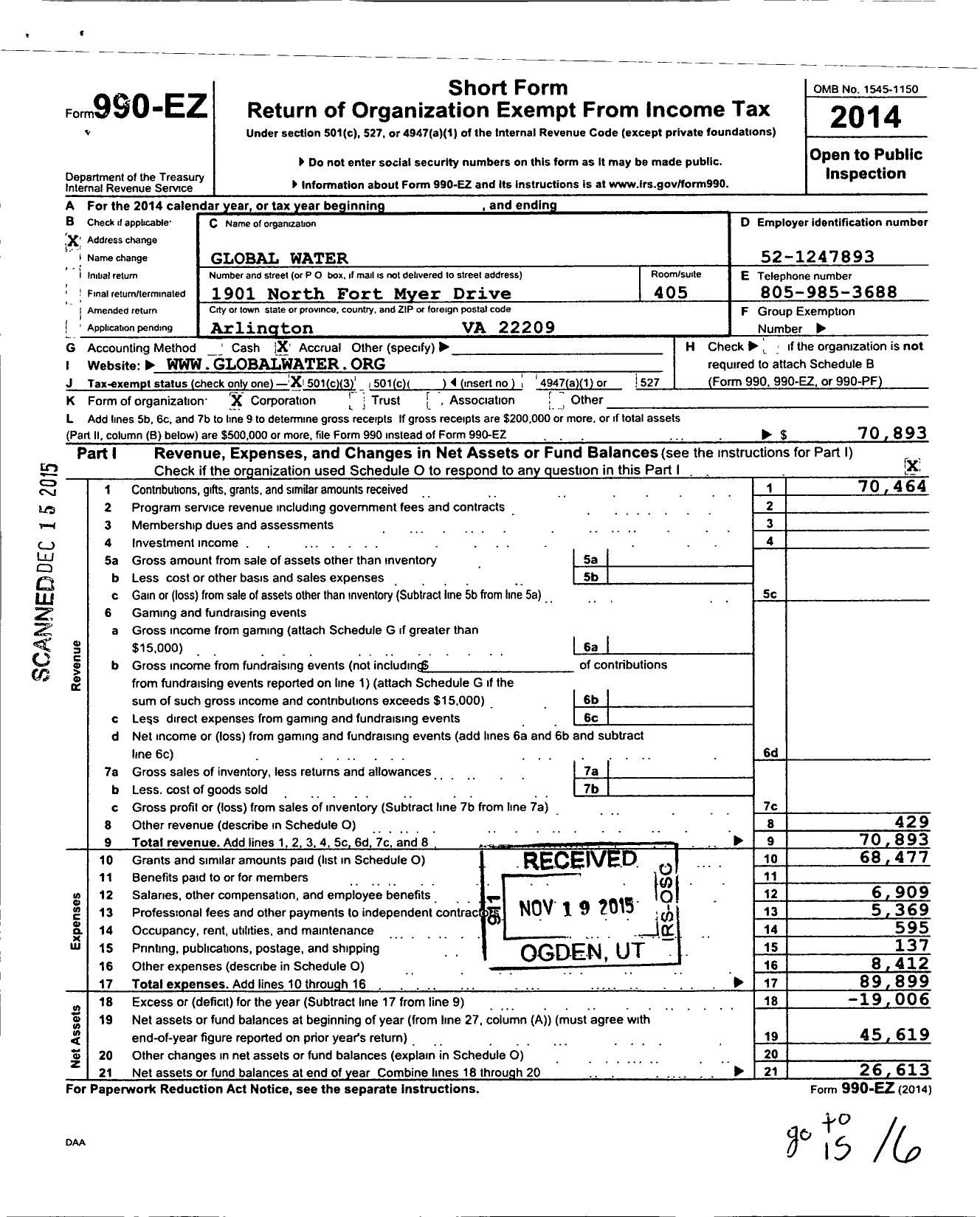 Image of first page of 2014 Form 990EZ for Global Water