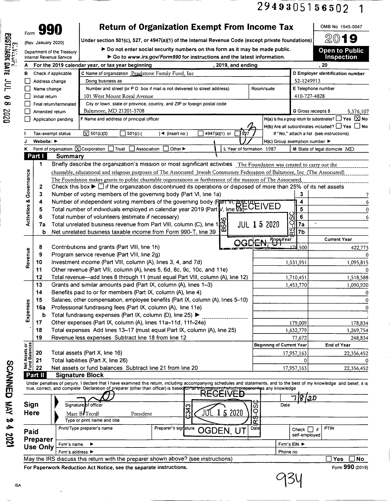 Image of first page of 2019 Form 990 for Pearlstone Family Fund