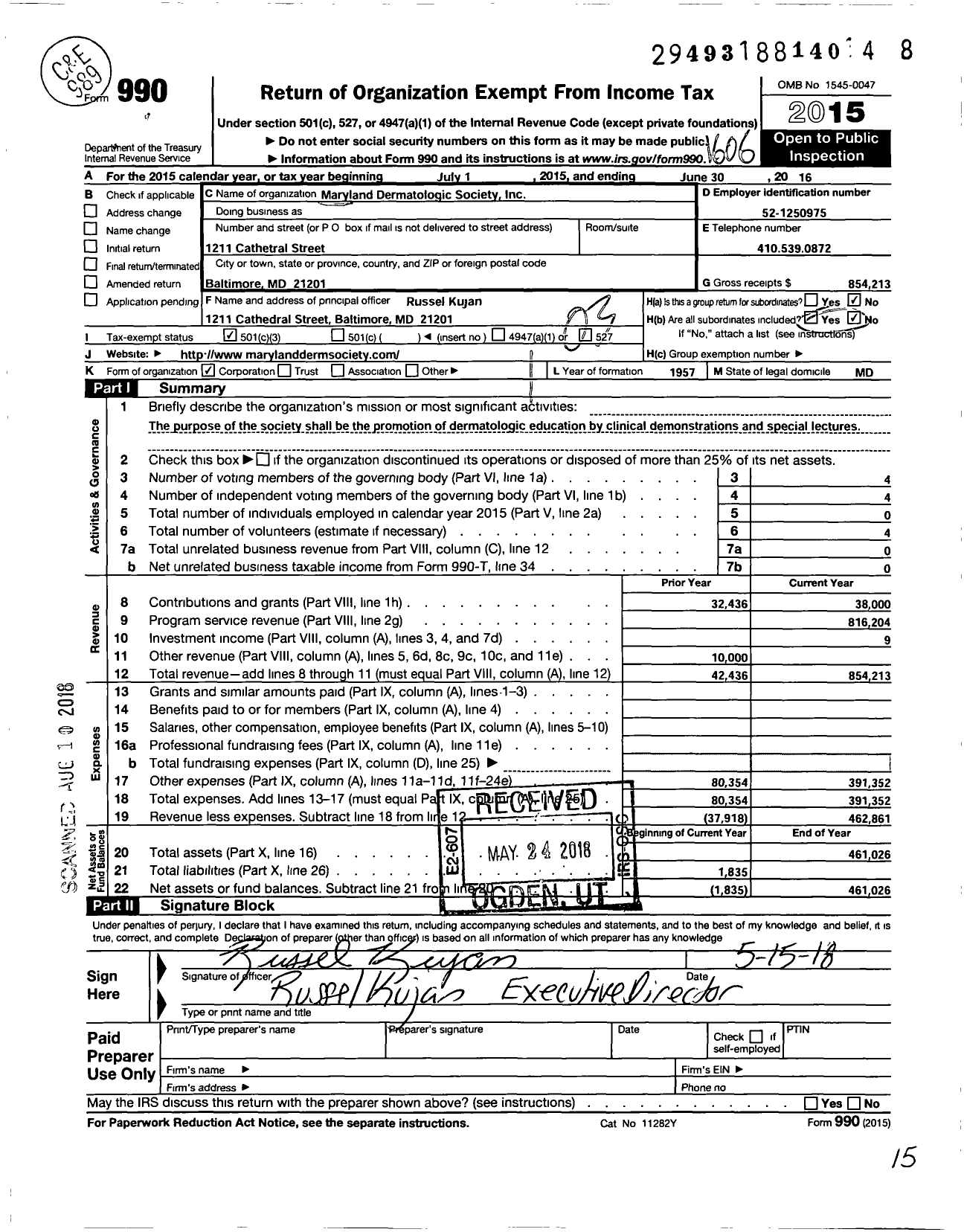 Image of first page of 2015 Form 990 for Maryland Dermatologic Society