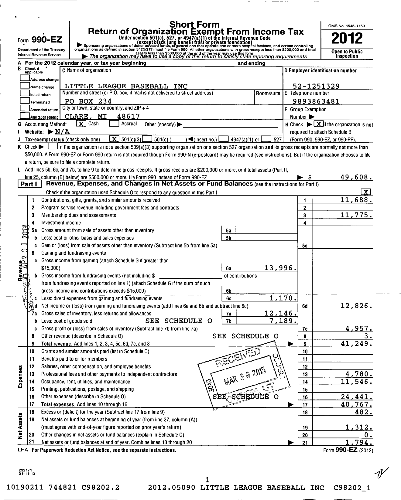 Image of first page of 2012 Form 990EZ for Little League Baseball - 1220105 Clare LL