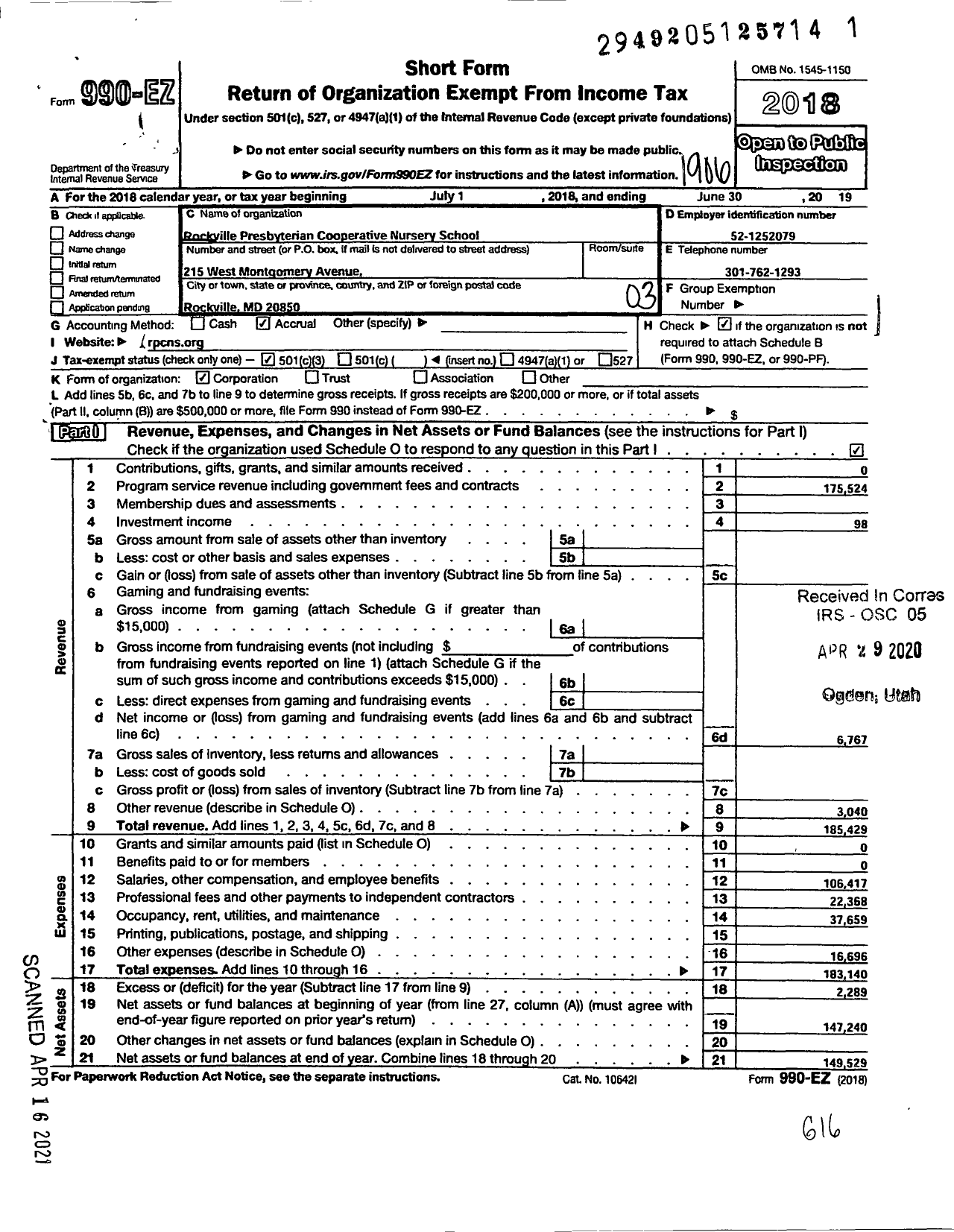 Image of first page of 2018 Form 990EZ for Rockville Presbyterian Cooperative Nursery School