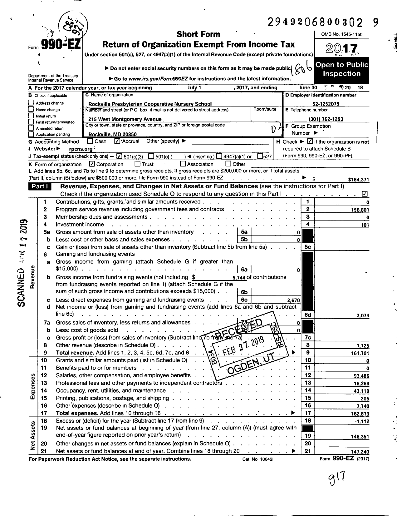 Image of first page of 2017 Form 990EZ for Rockville Presbyterian Cooperative Nursery School