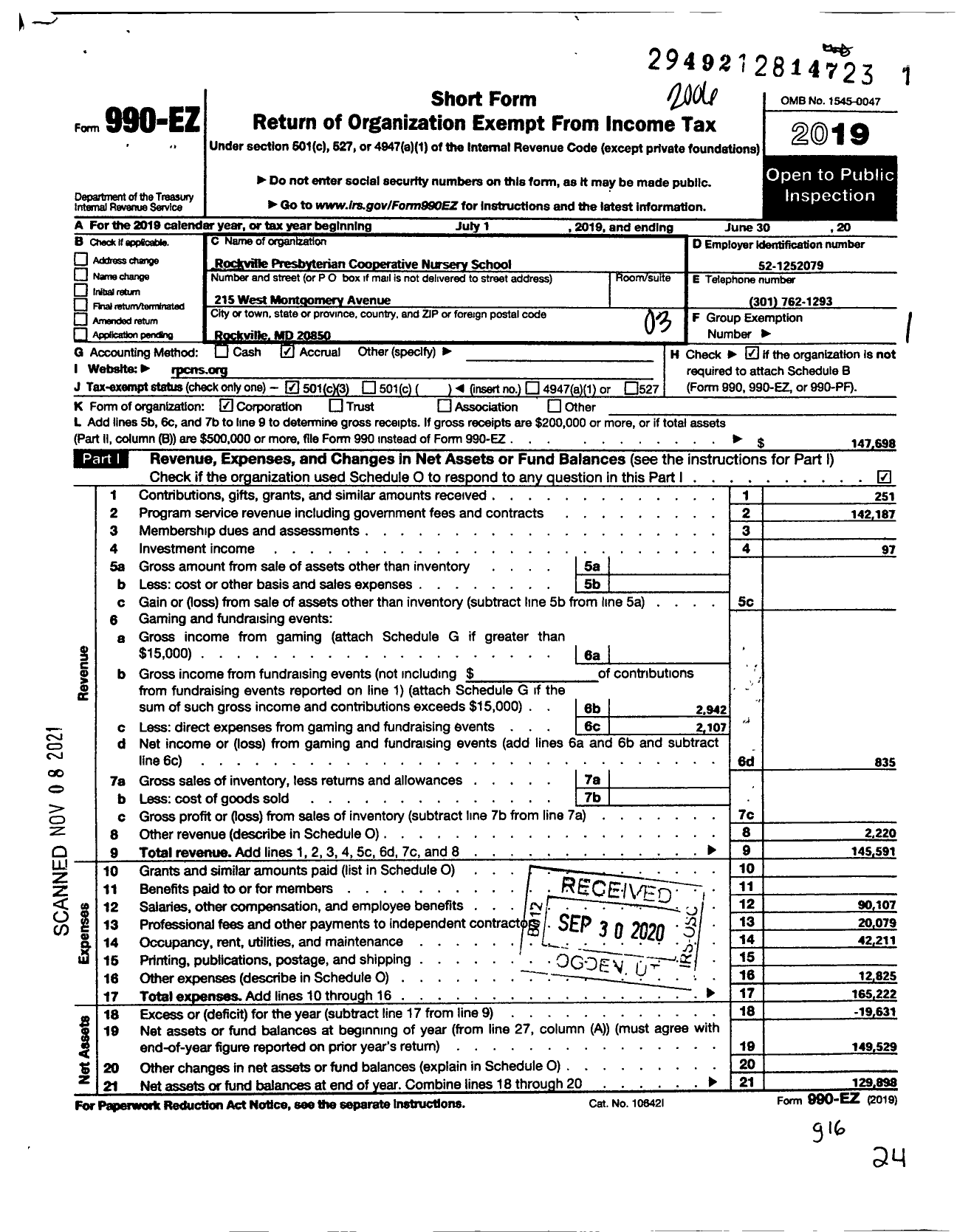 Image of first page of 2019 Form 990EZ for Rockville Presbyterian Cooperative Nursery School