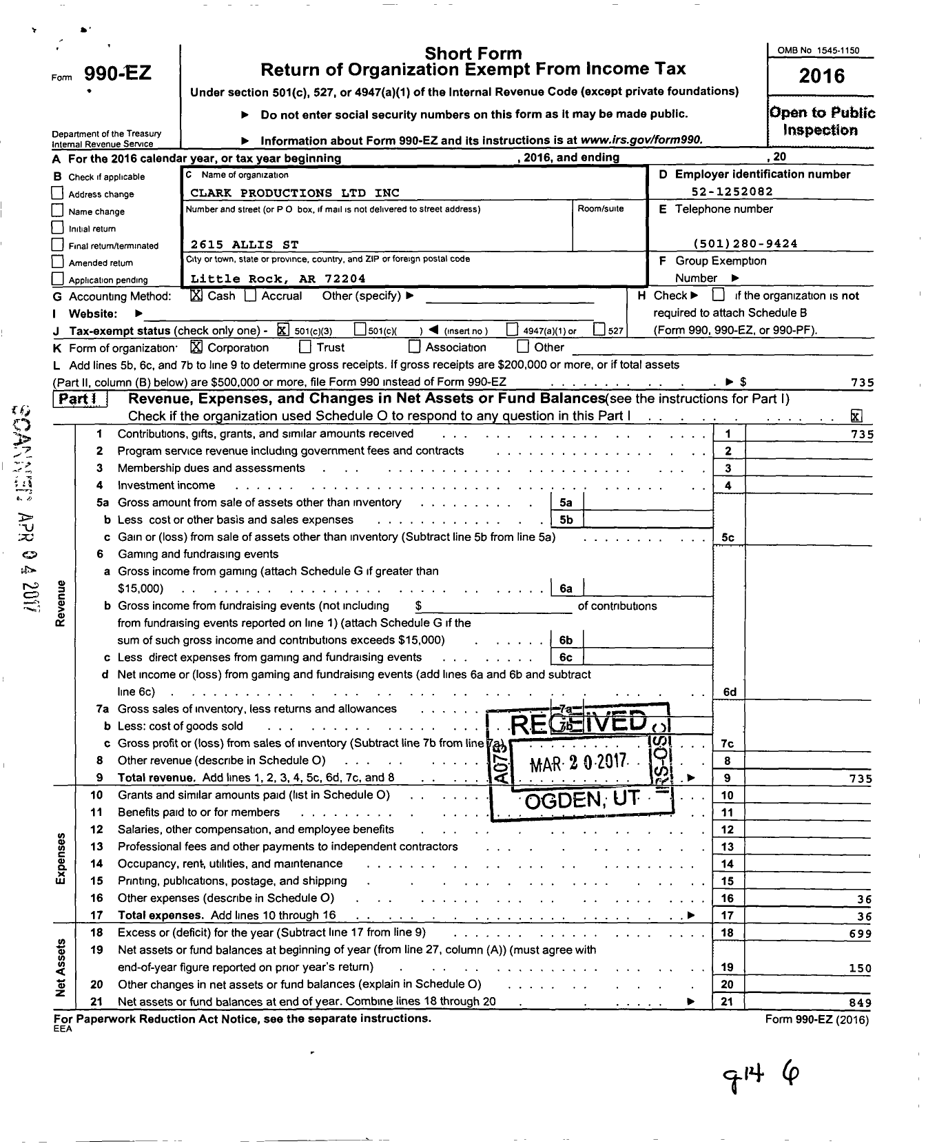 Image of first page of 2016 Form 990EZ for Clark Productions