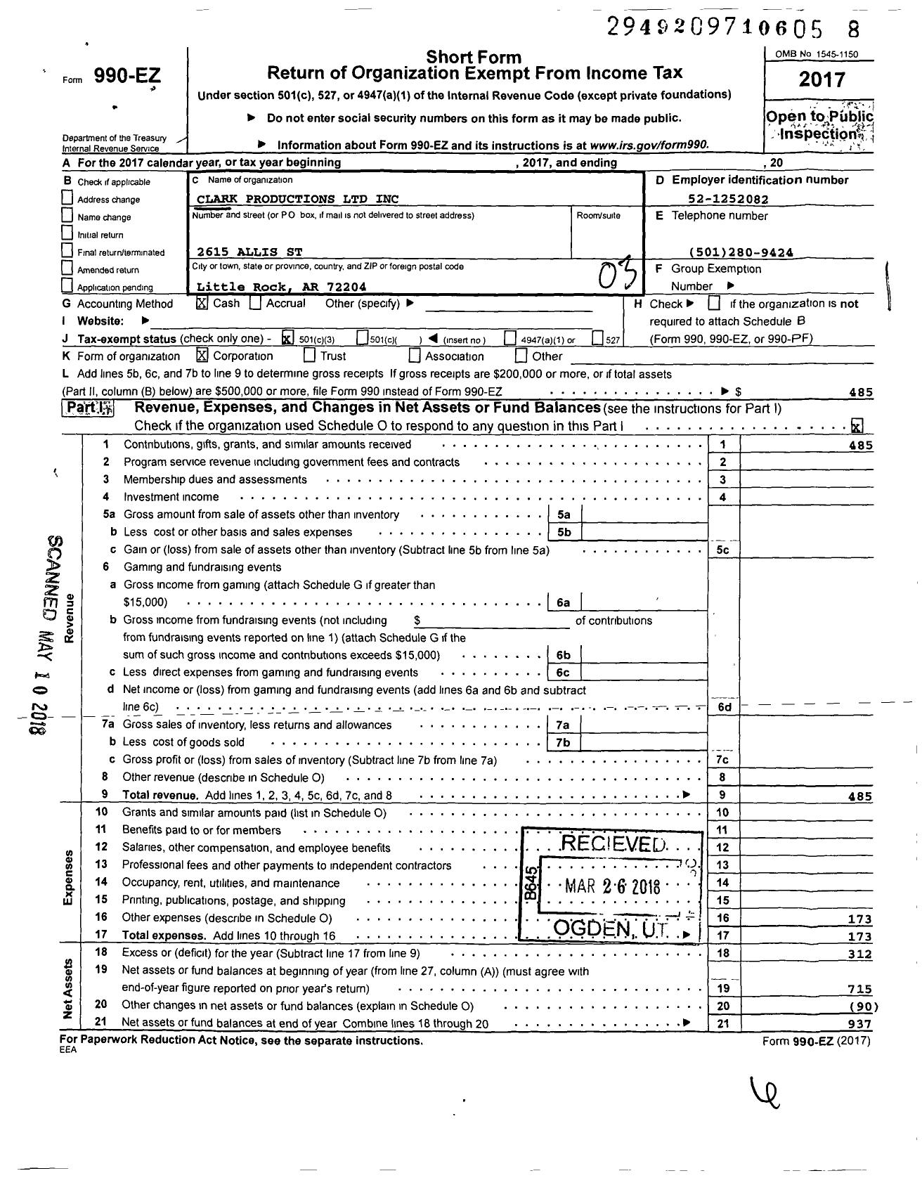 Image of first page of 2017 Form 990EZ for Clark Productions