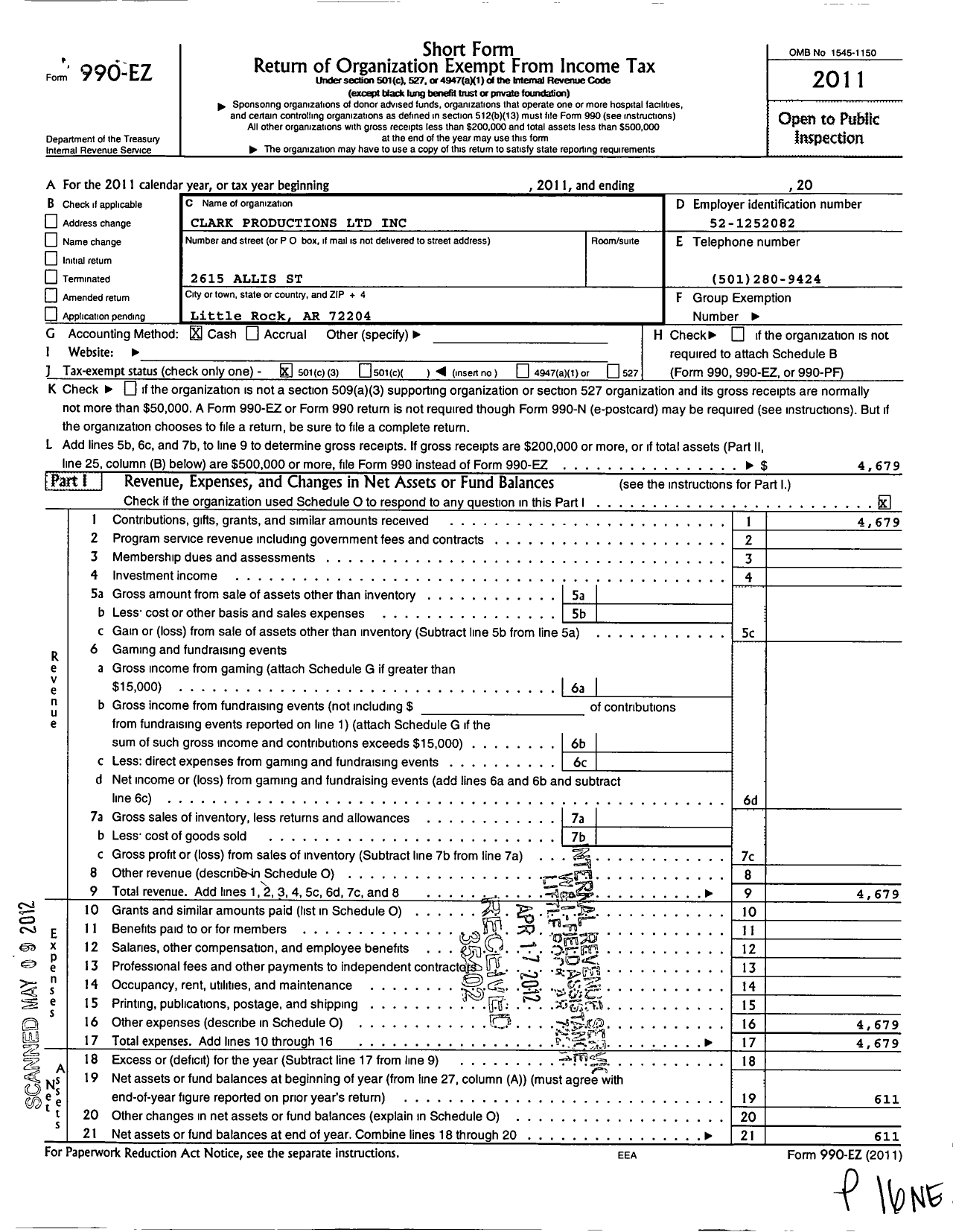 Image of first page of 2011 Form 990EZ for Clark Productions