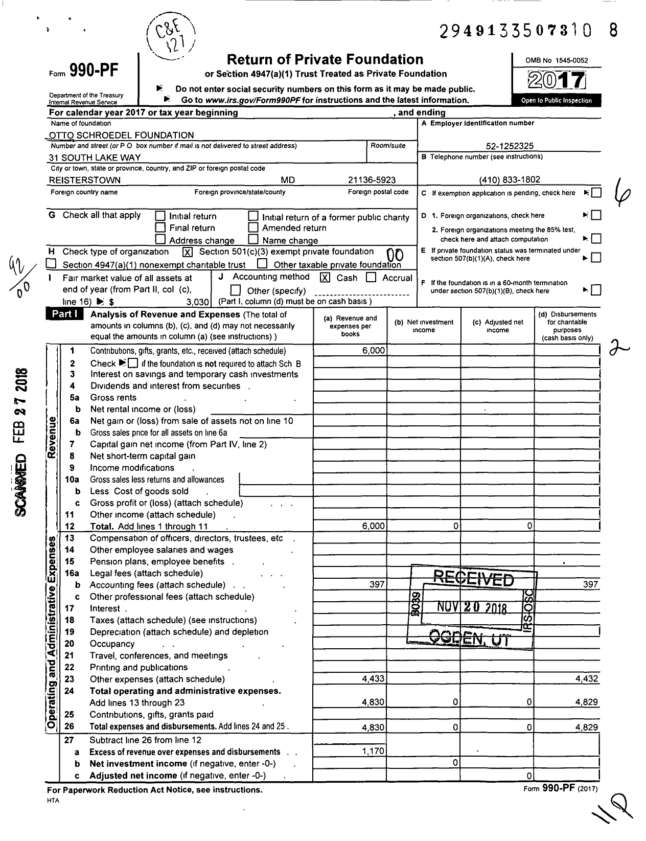 Image of first page of 2017 Form 990PF for Otto Schroedel Foundation