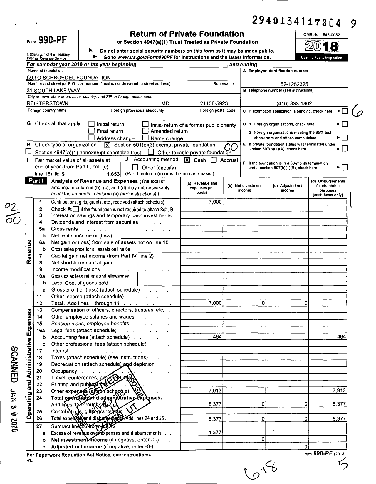 Image of first page of 2018 Form 990PF for Otto Schroedel Foundation