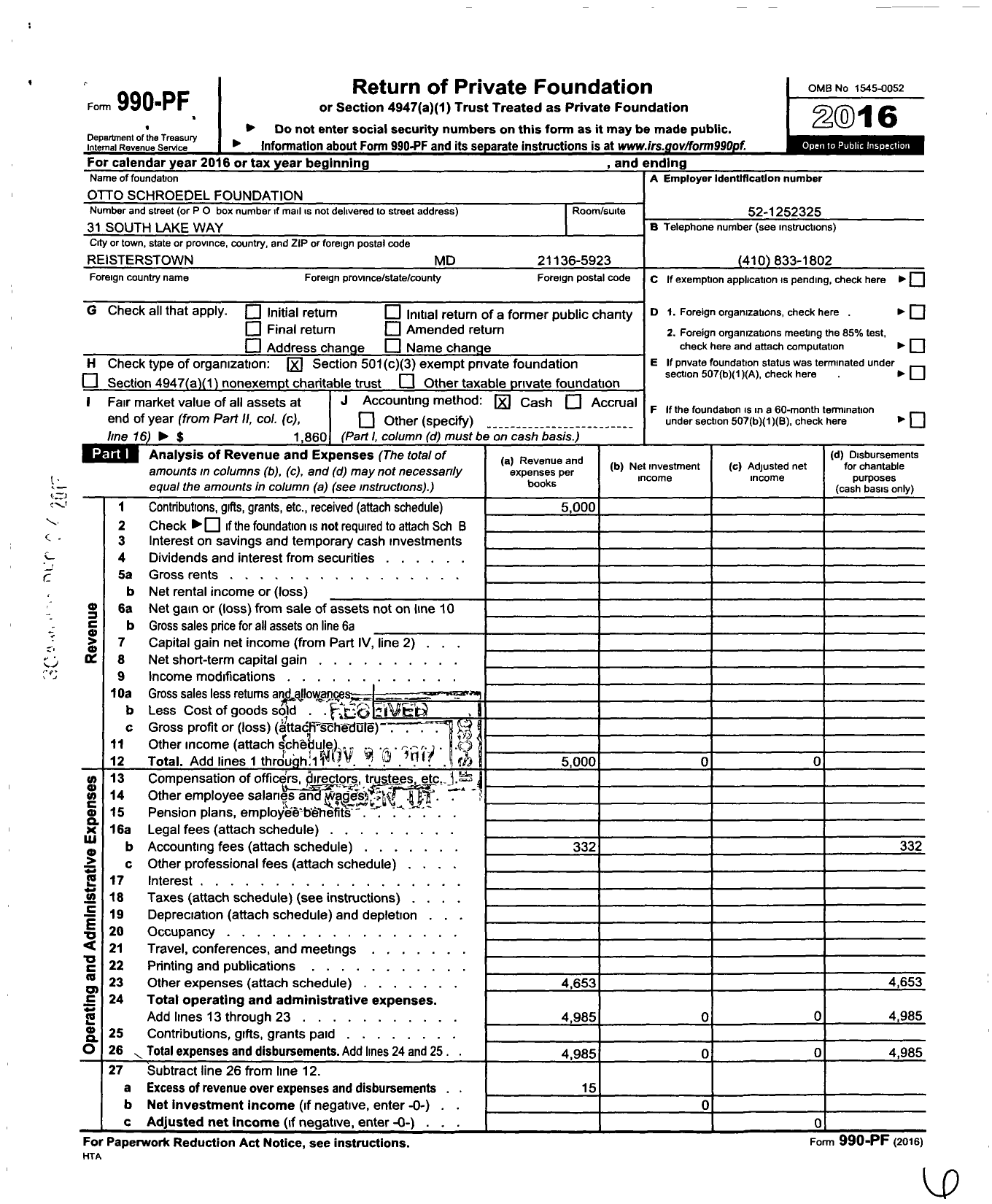 Image of first page of 2016 Form 990PF for Otto Schroedel Foundation