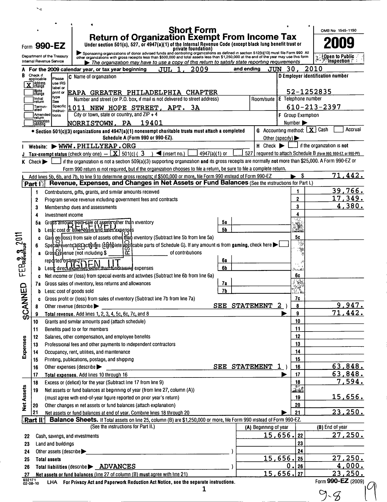 Image of first page of 2009 Form 990EZ for Employee Assistance Professionals Association / Greater Philadelphia Chapter