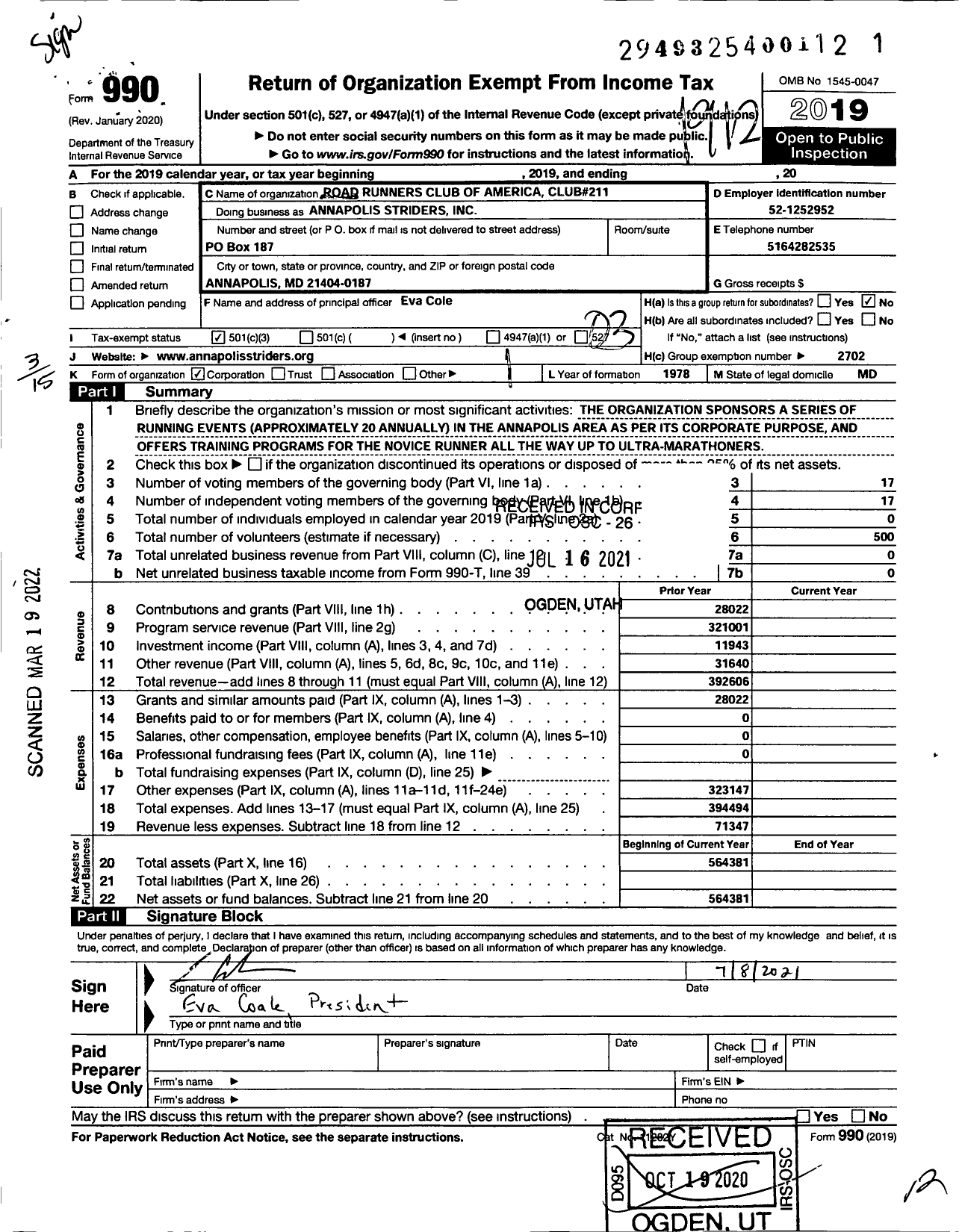 Image of first page of 2019 Form 990 for Annapolis Striders