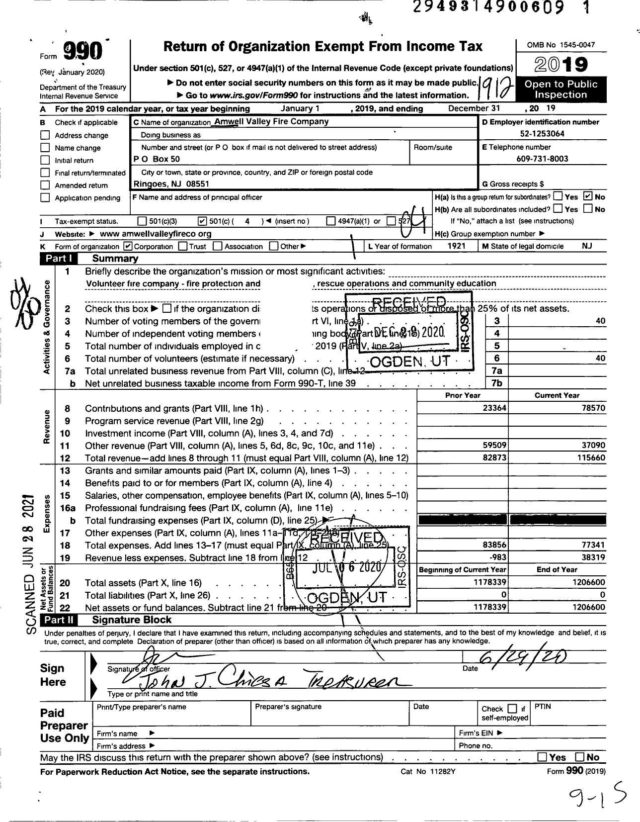 Image of first page of 2019 Form 990O for Amwell Valley Fire