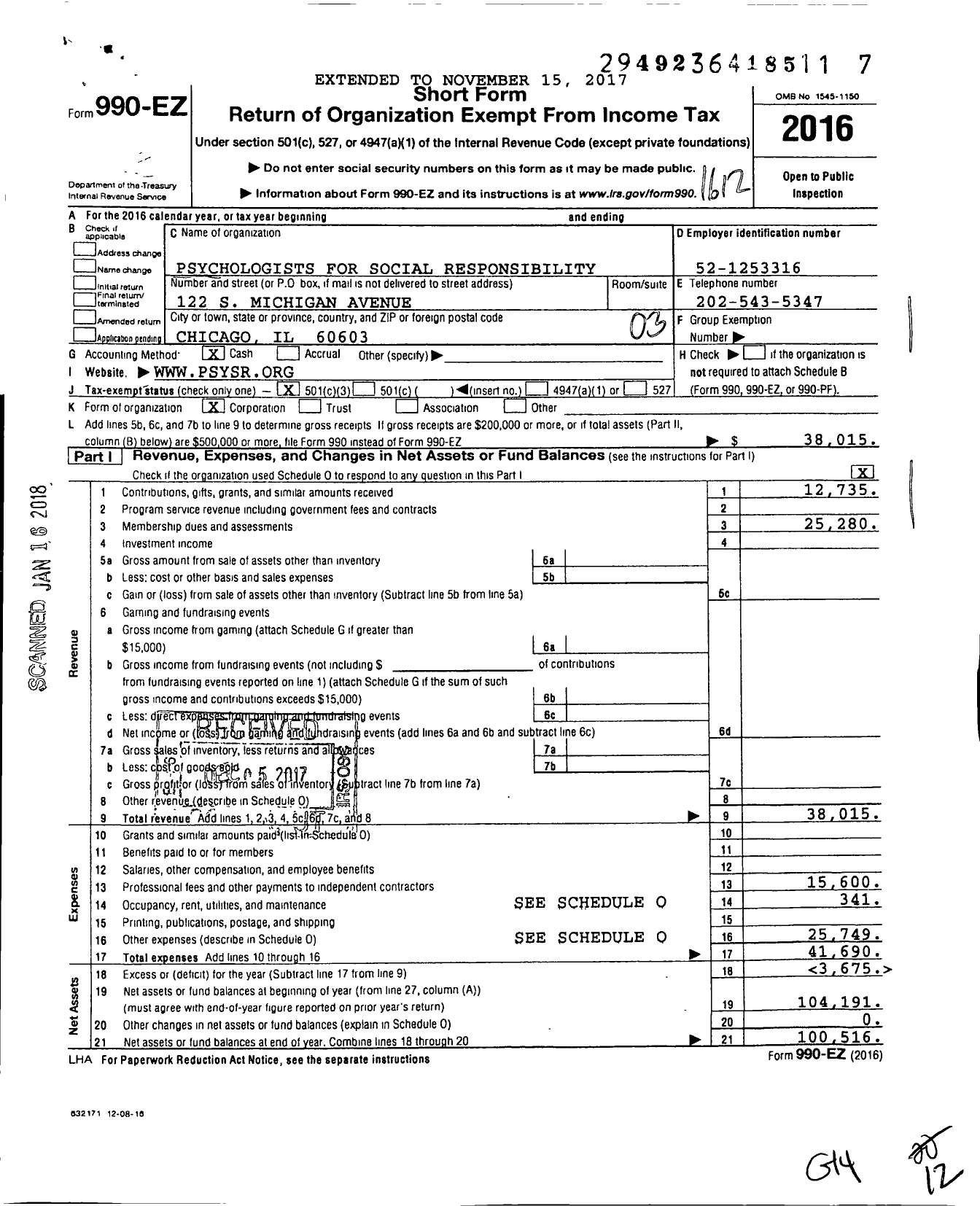 Image of first page of 2016 Form 990EZ for Psychologists for Social Responsibility