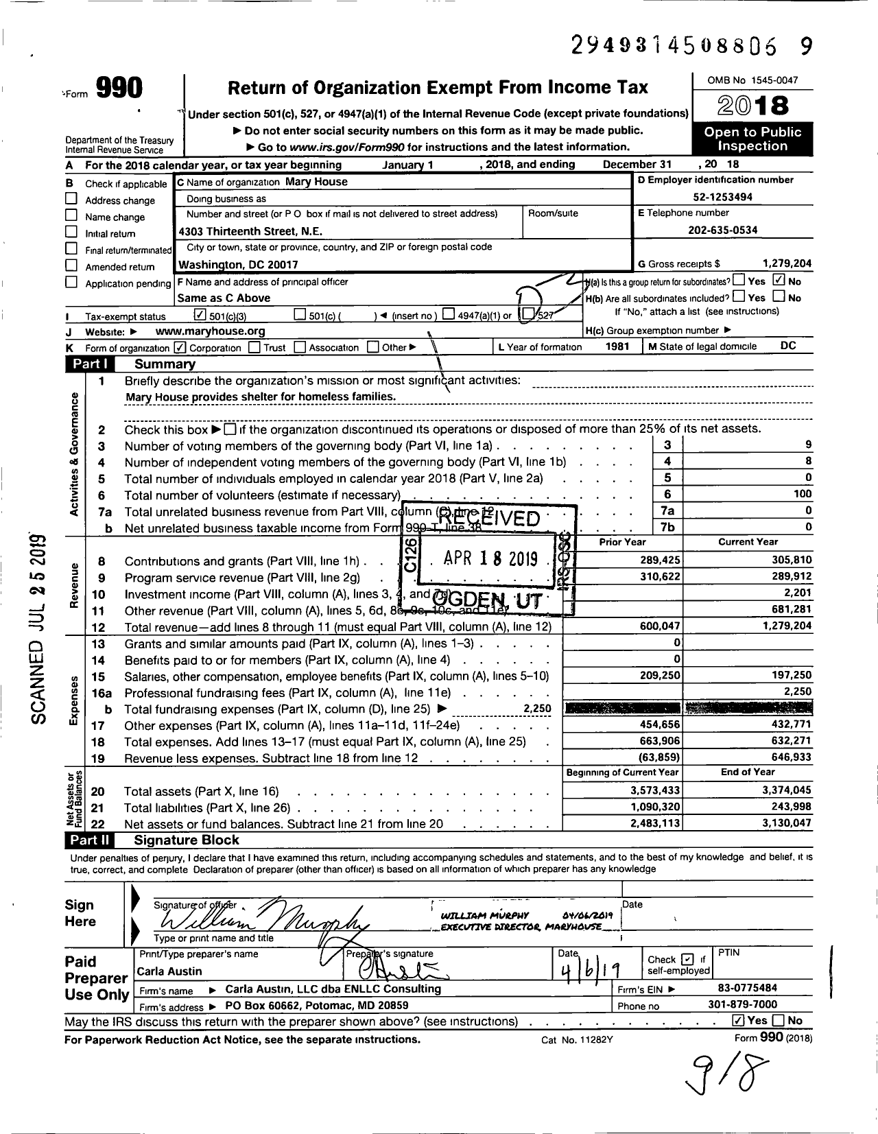 Image of first page of 2018 Form 990 for Mary House