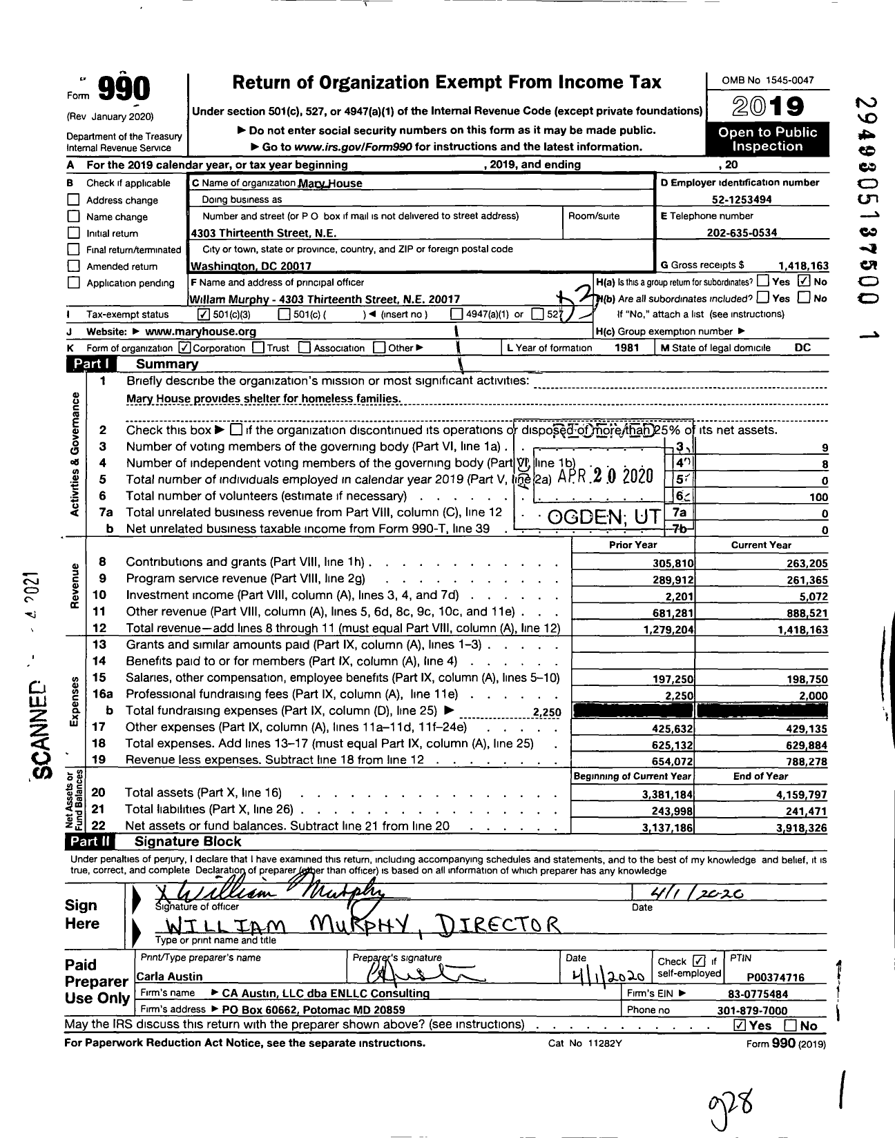 Image of first page of 2019 Form 990 for Mary House