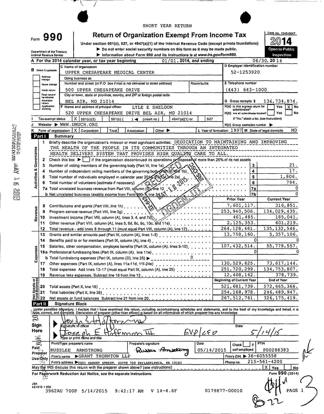 Image of first page of 2013 Form 990 for Upper Chesapeake Medical Center (UMUCH)
