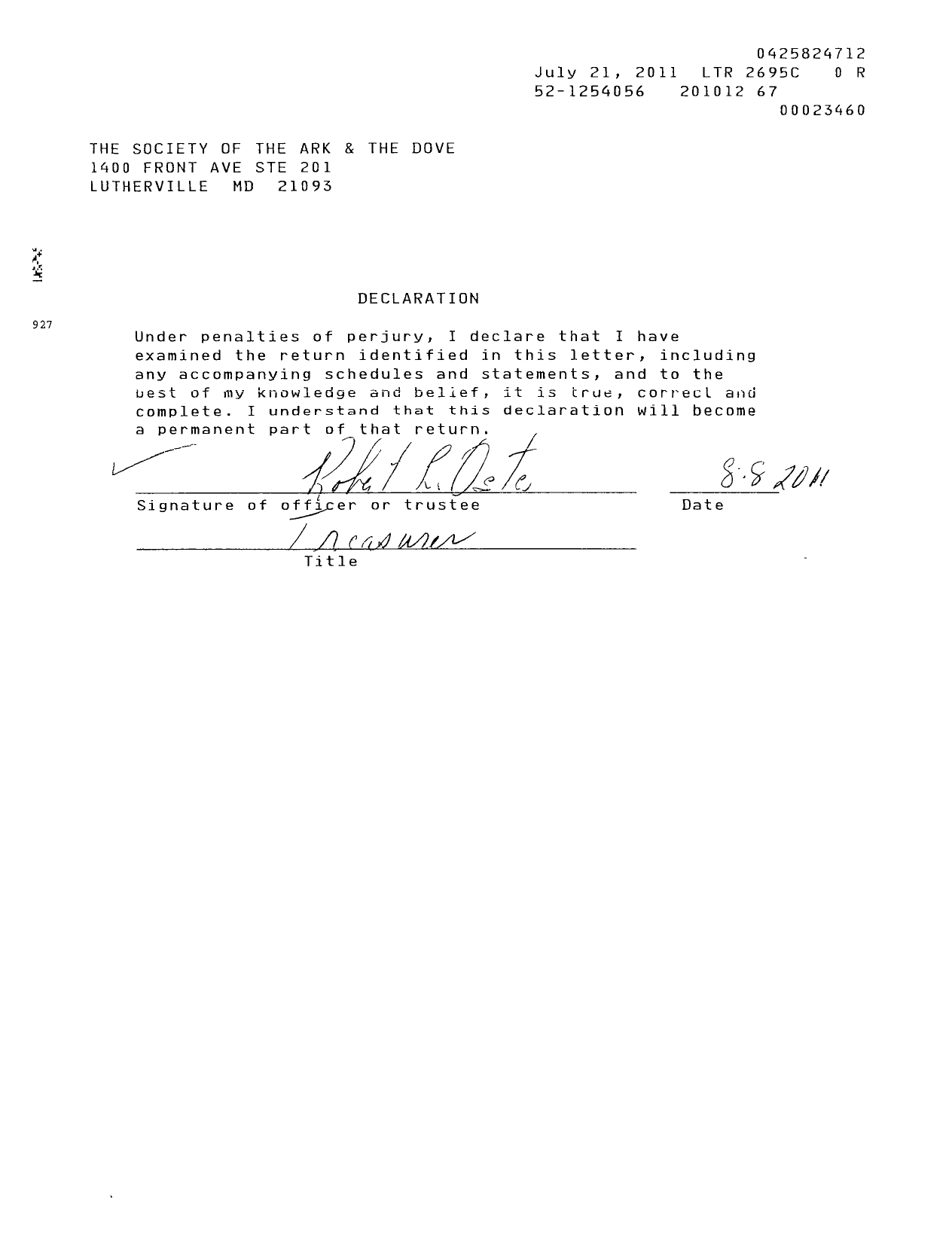 Image of first page of 2010 Form 990ER for Society of the Ark and the Dove of Maryland