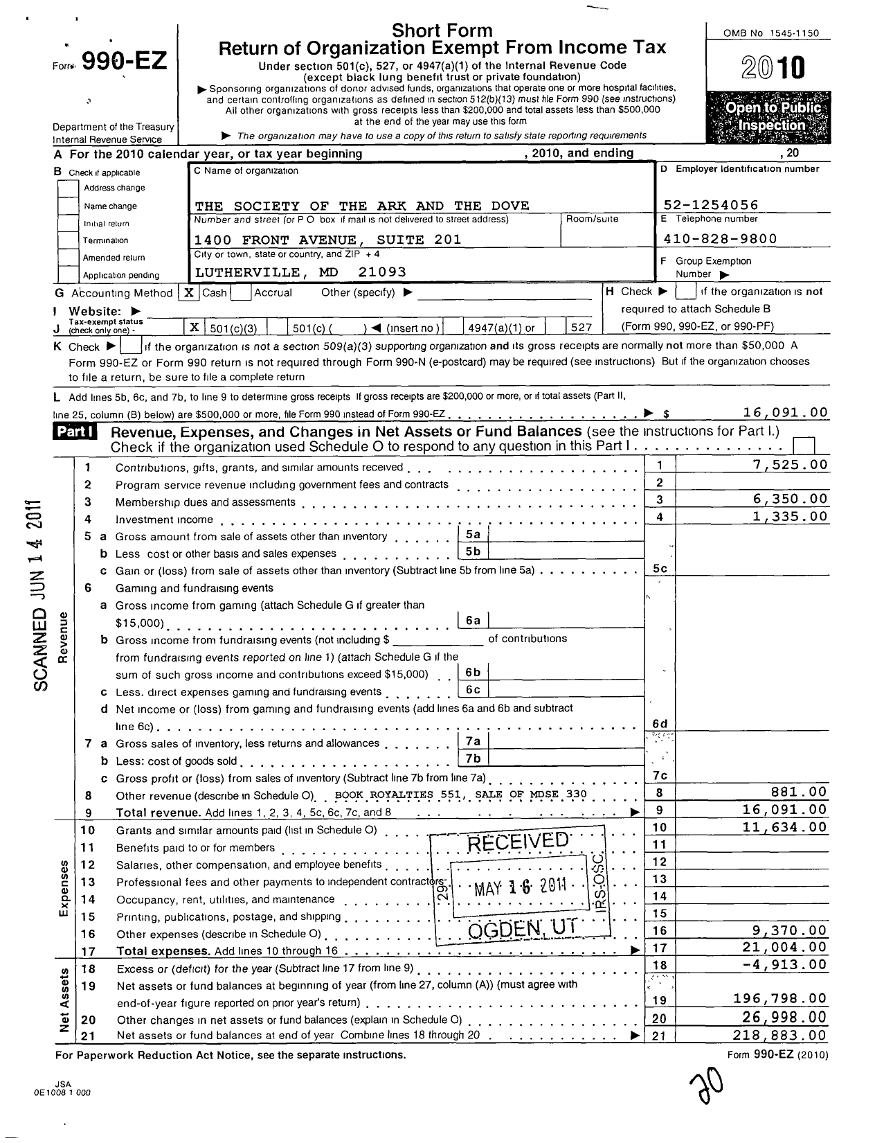 Image of first page of 2010 Form 990EZ for Society of the Ark and the Dove of Maryland