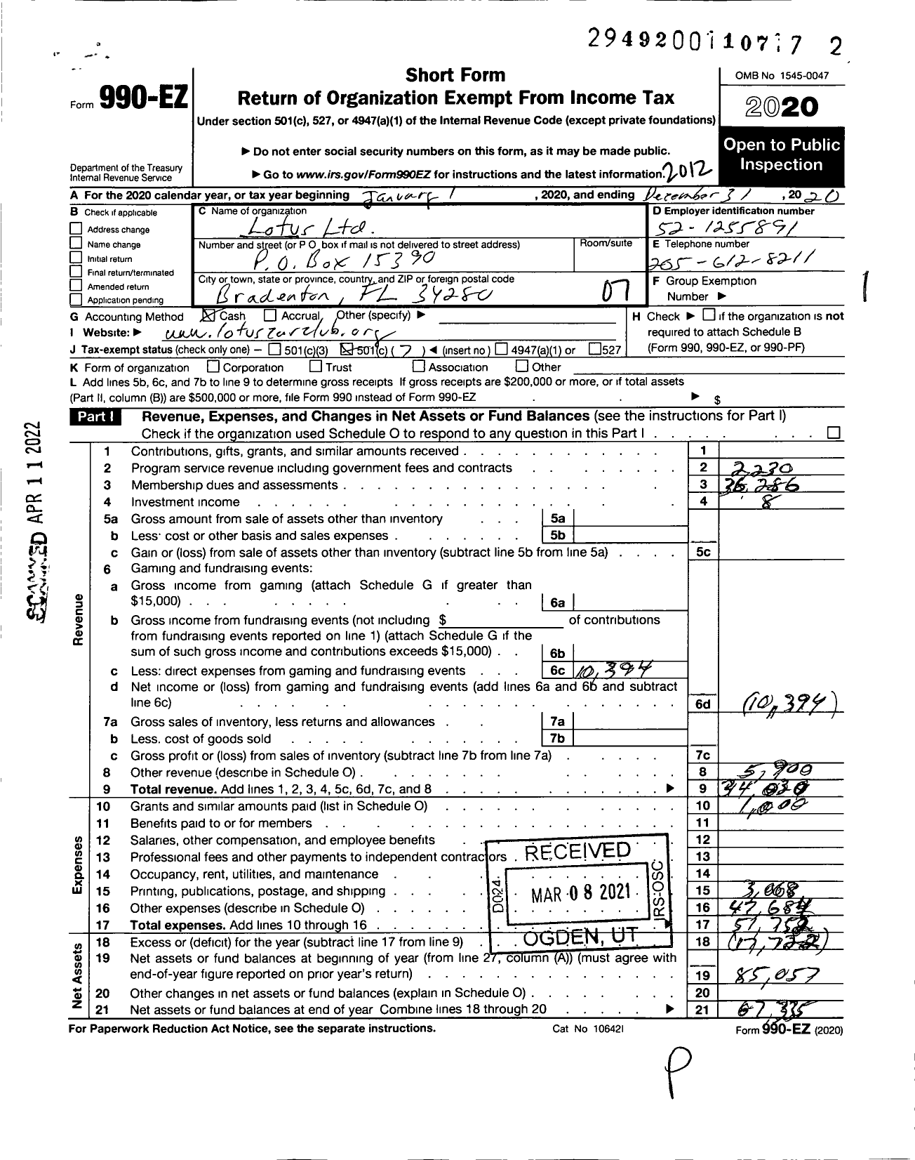 Image of first page of 2020 Form 990EO for Lotus