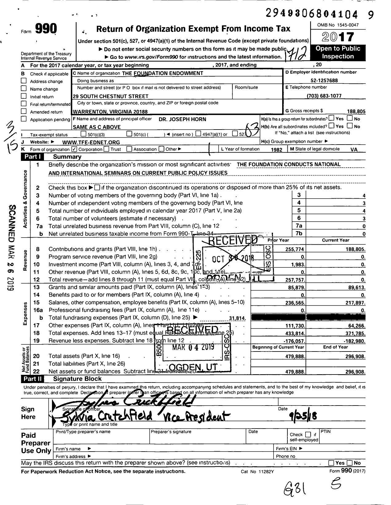 Image of first page of 2017 Form 990 for The Foundation Endowment