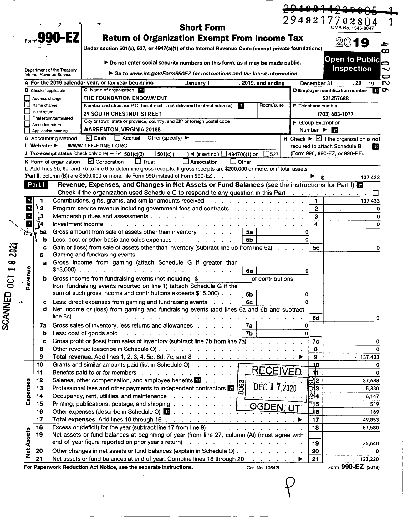 Image of first page of 2019 Form 990EZ for The Foundation Endowment