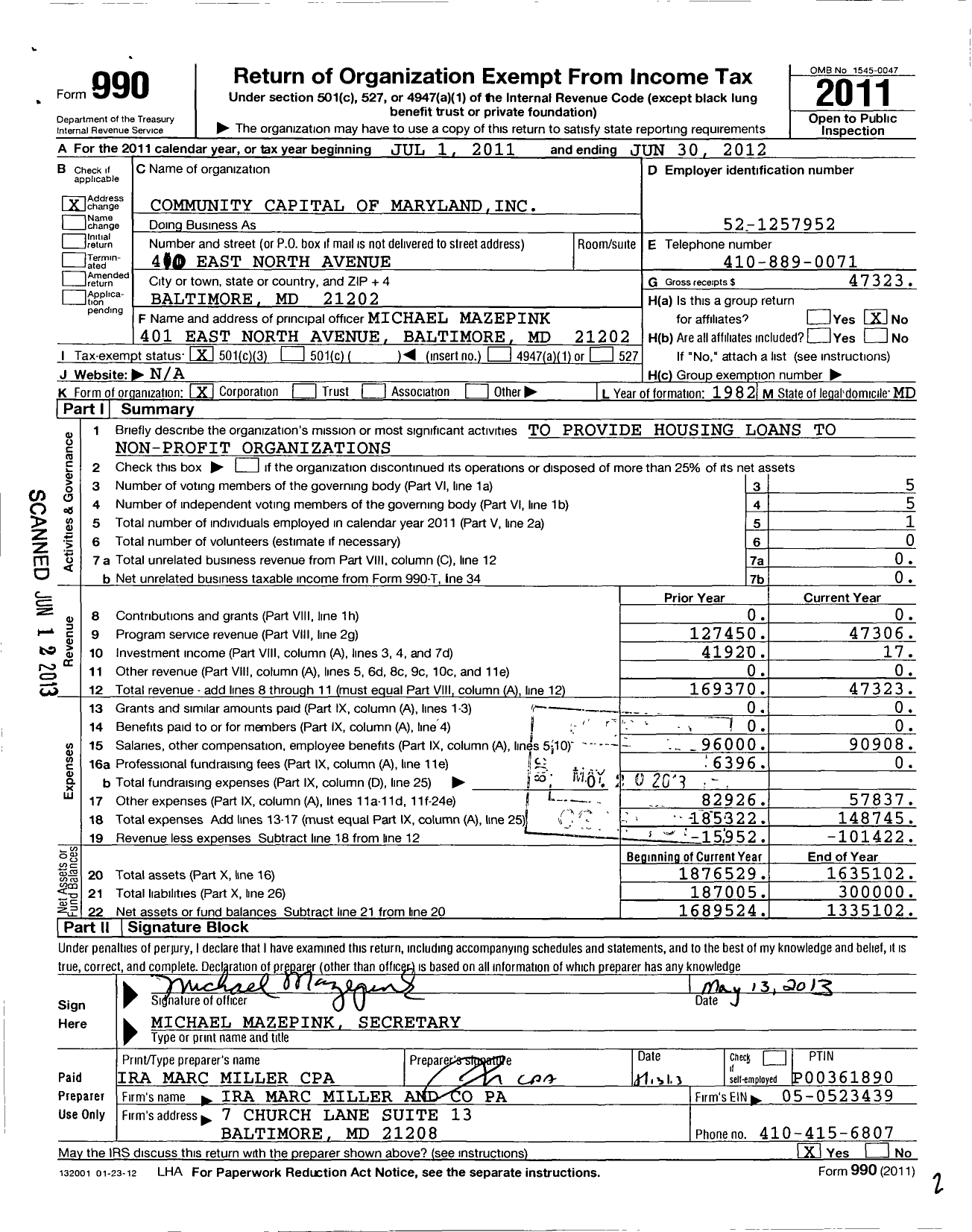 Image of first page of 2011 Form 990 for Community Capital of Maryland