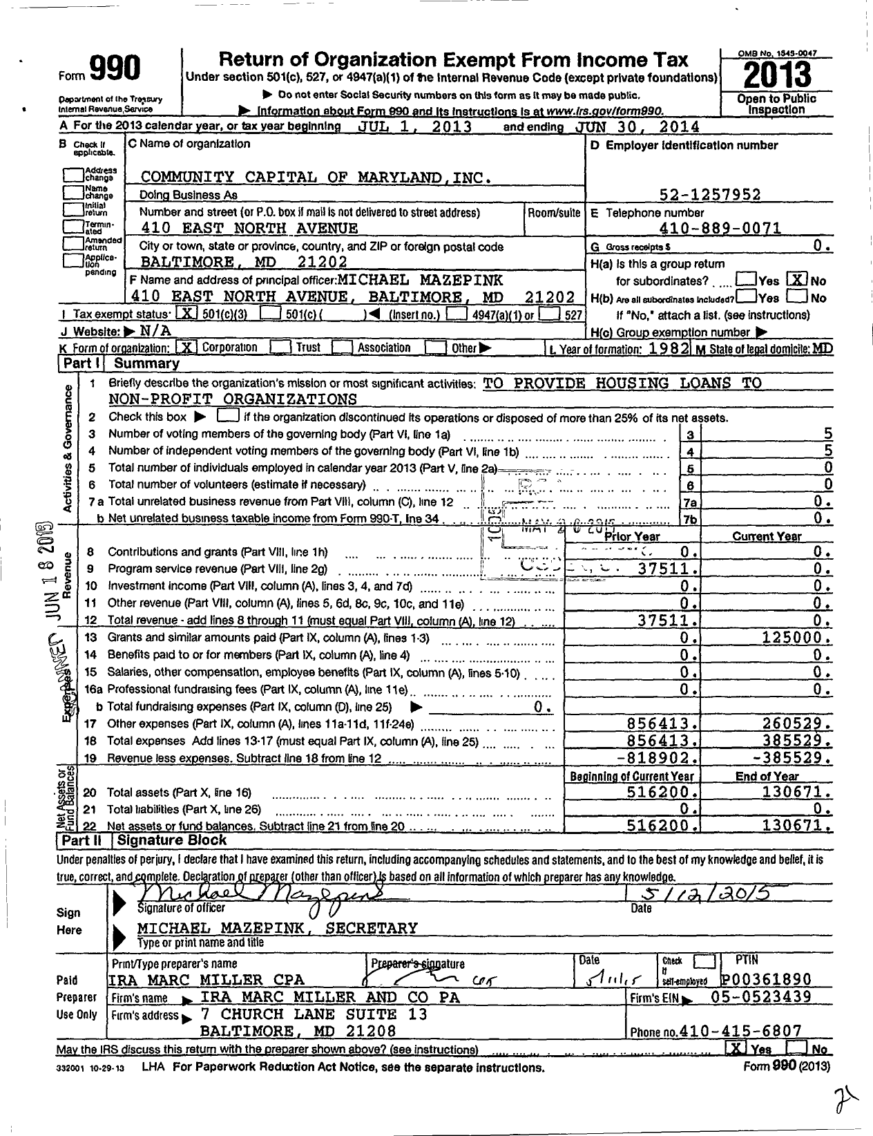 Image of first page of 2013 Form 990 for Community Capital of Maryland