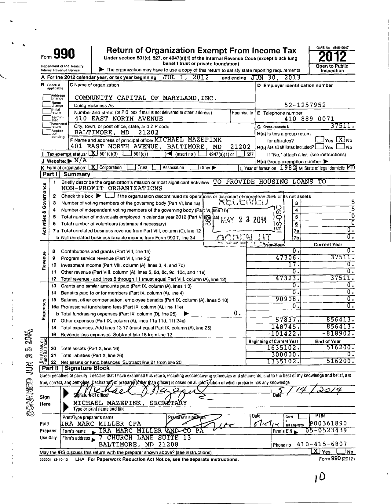 Image of first page of 2012 Form 990 for Community Capital of Maryland