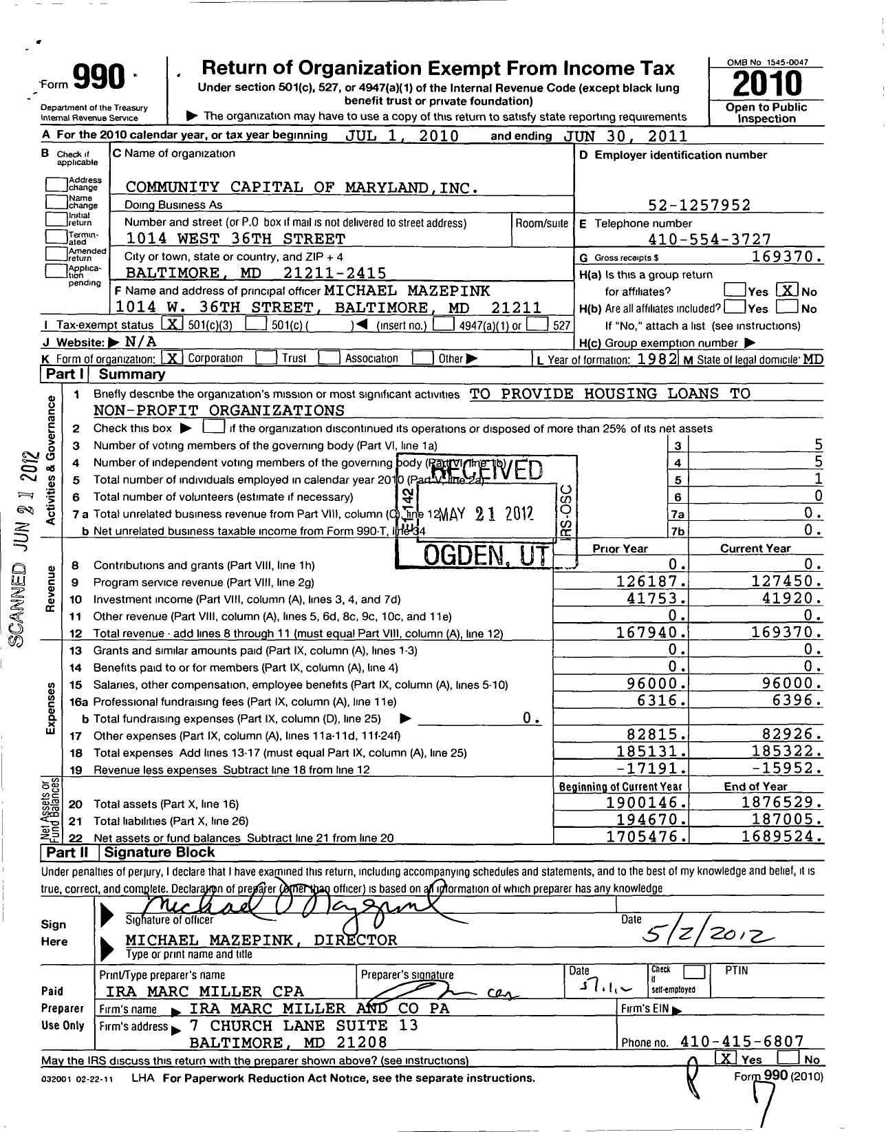 Image of first page of 2010 Form 990 for Community Capital of Maryland