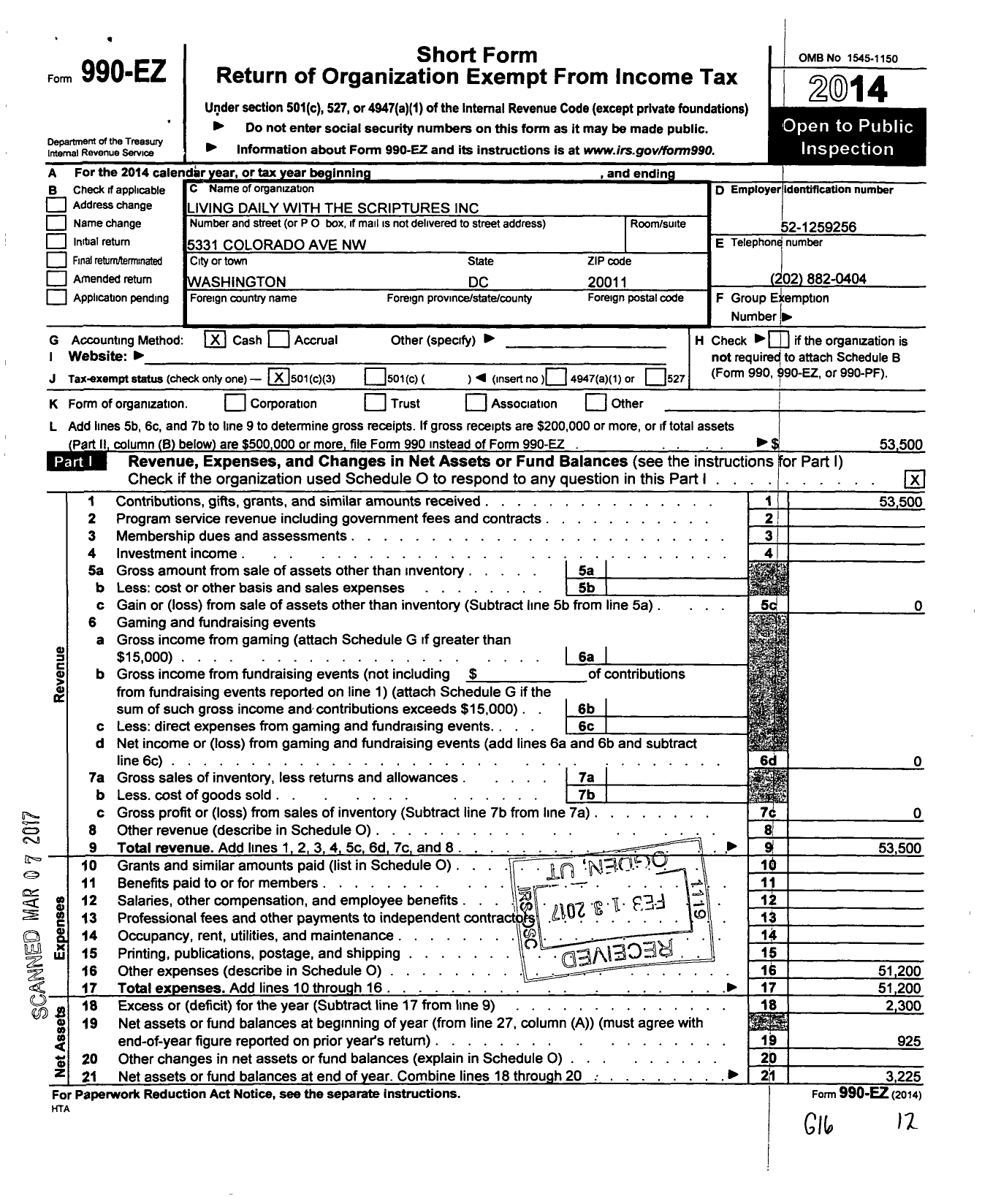 Image of first page of 2014 Form 990EZ for Living Daily with the Scriptures