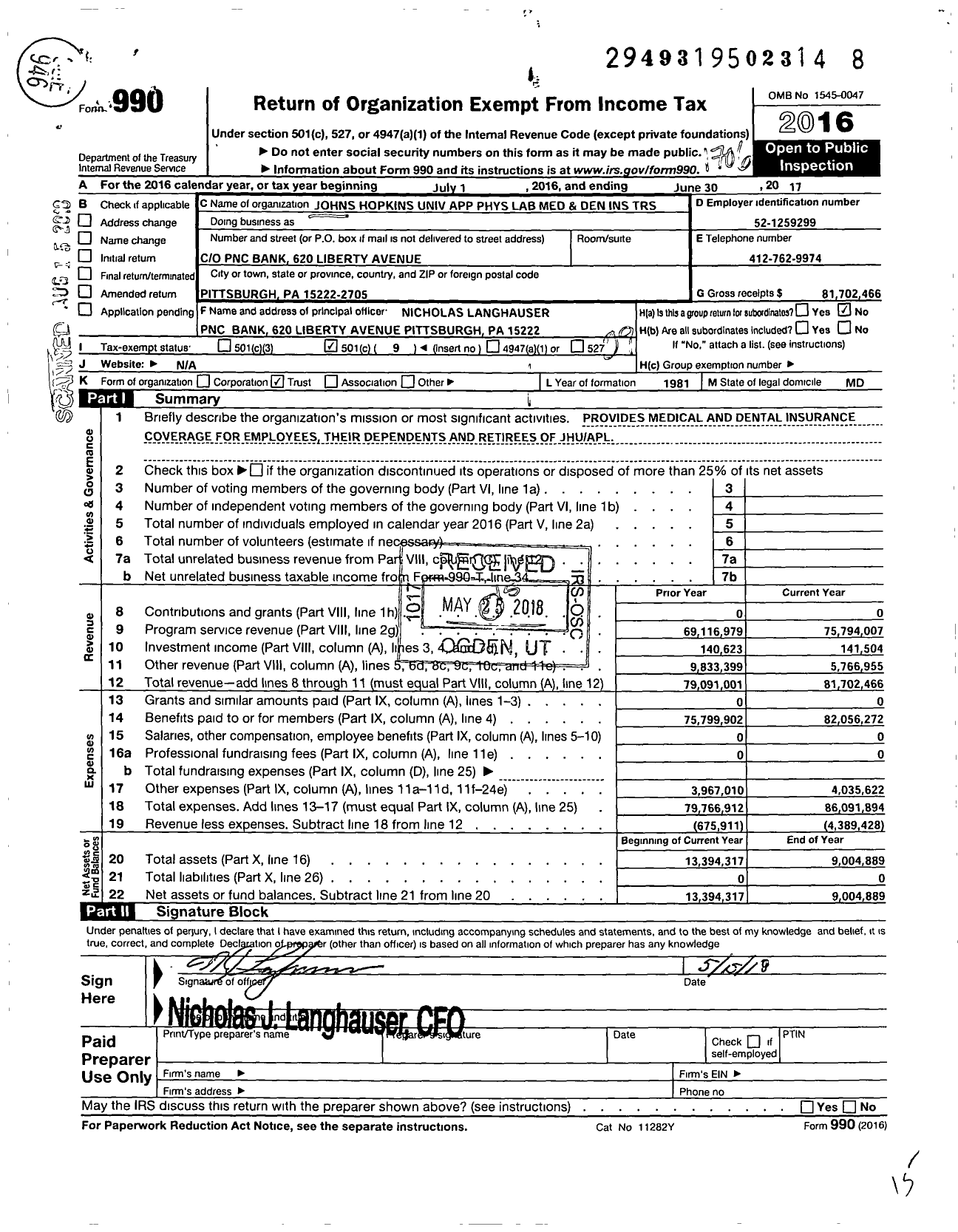 Image of first page of 2016 Form 990O for Johns Hopkins Univ App Phys Lab Med and Den Ins TRST
