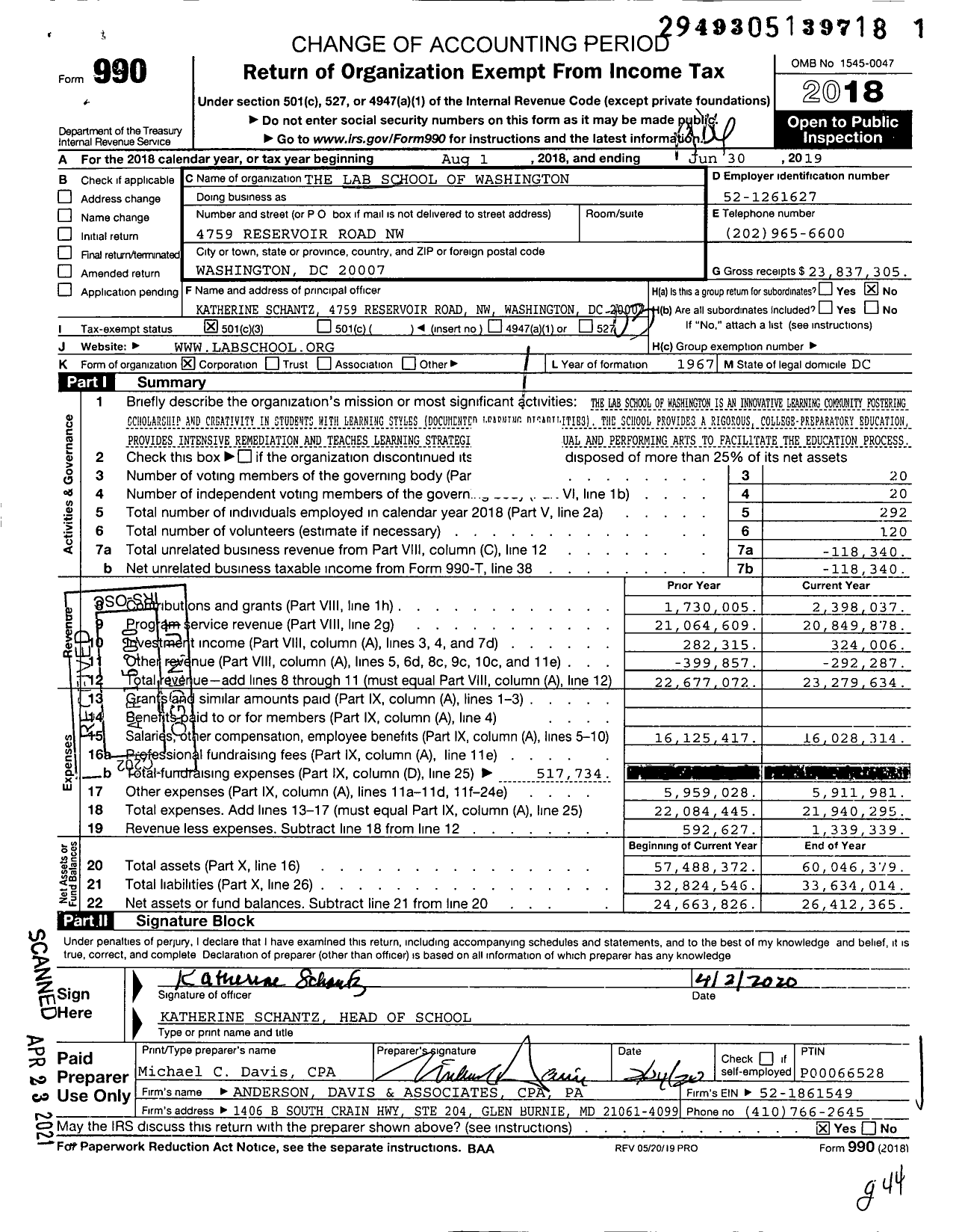 Image of first page of 2018 Form 990 for Lab School of Washington (LSW)